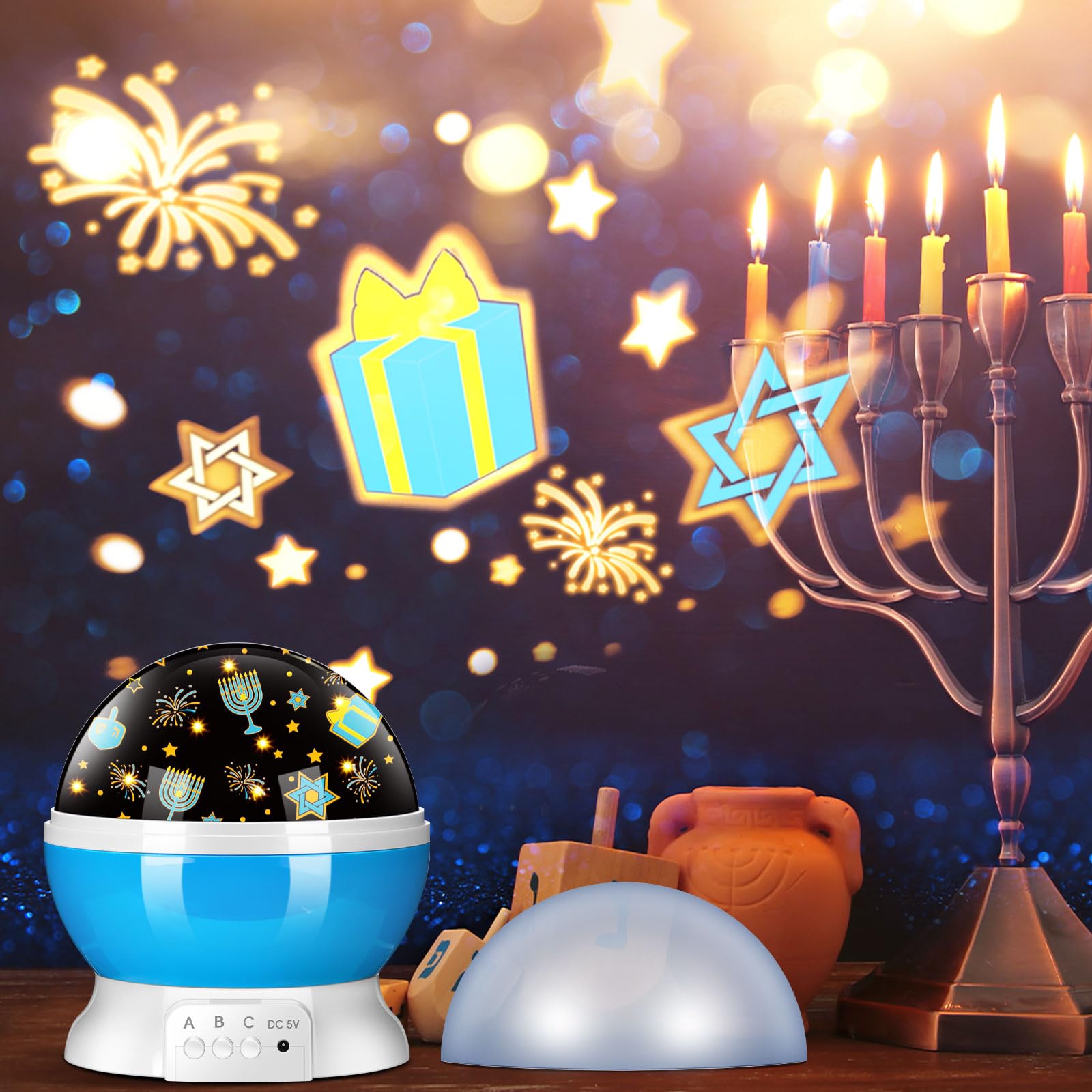 Rossesay Proiettore di luci per interni, luce a LED decorativa per esterni, per feste, vacanze, giardino, paesaggio (Hanukkah, blu)