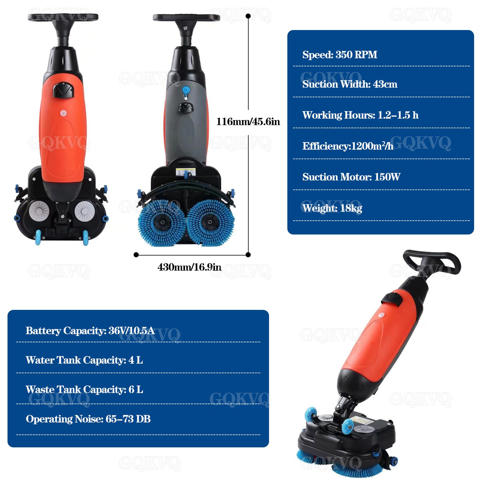 Lavapavimenti Professionale da 17" Doppie Spazzole Rotanti, 240 Giri/min, Copertura 1200 M²/H, Batteria al Litio Ricaricabile Senza Fili, per Pavimenti in Legno, Piastrelle Red