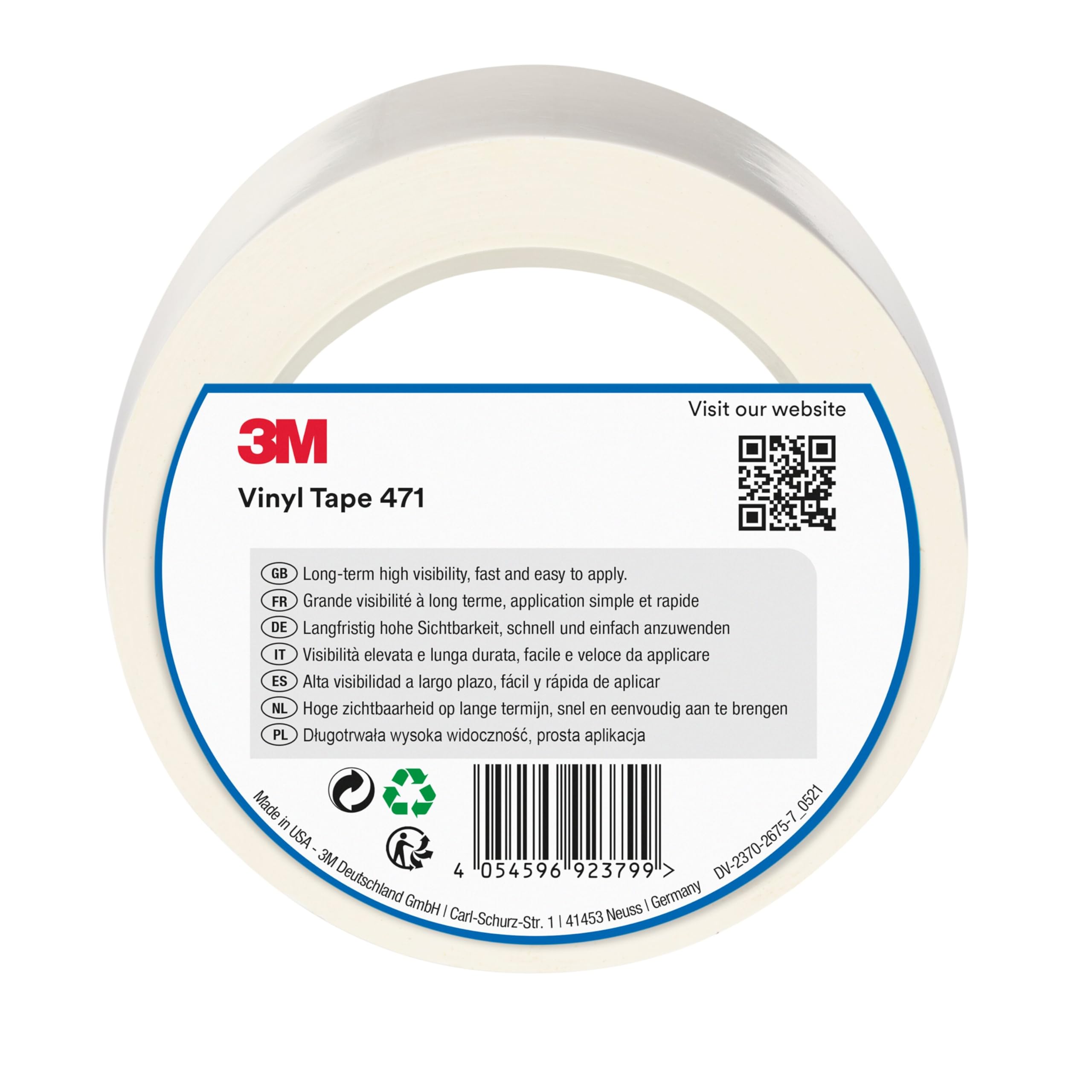 3M 471 Hochwertiges Weich-PVC-Klebeband, 50 mm x 33 m, Weiss