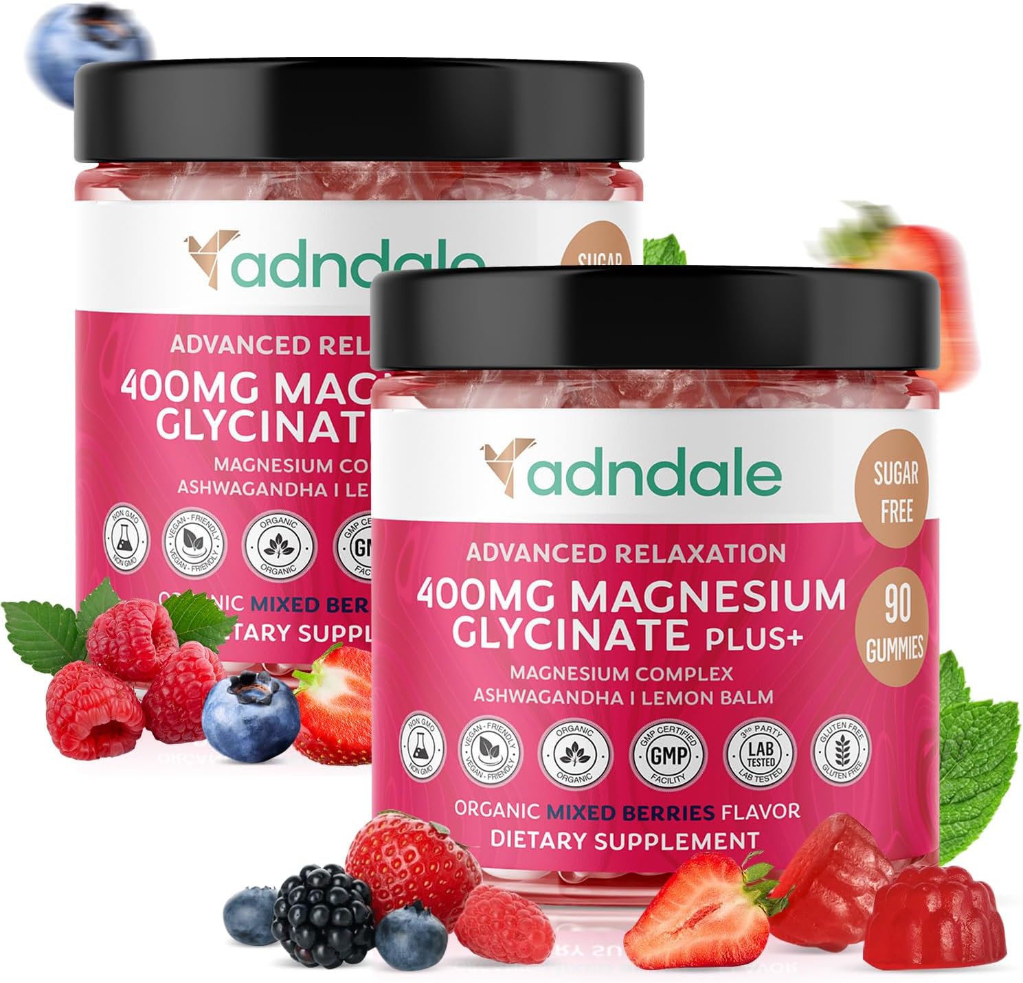 Adndale 180 CT Magnesium Glycinate Gummies 400 mg/Serv with Ashwagandha, Magnesium Malate & Taurate, Sugar Free Chews for Adults & Kids