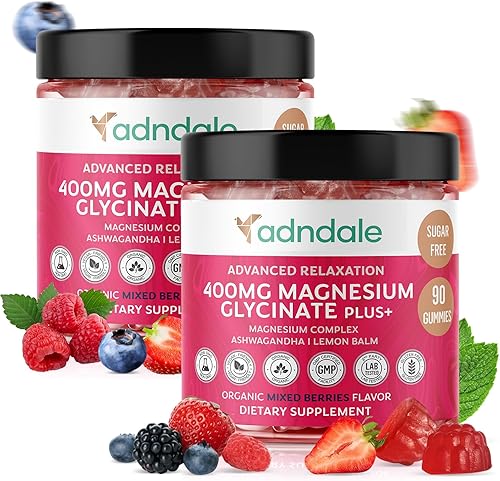 Adndale Gomitas de glicinato de magnesio de 180 CT 400 mgserv con Ashwagandha, malato de magnesio y taurato, masticables sin azúcar para adultos y