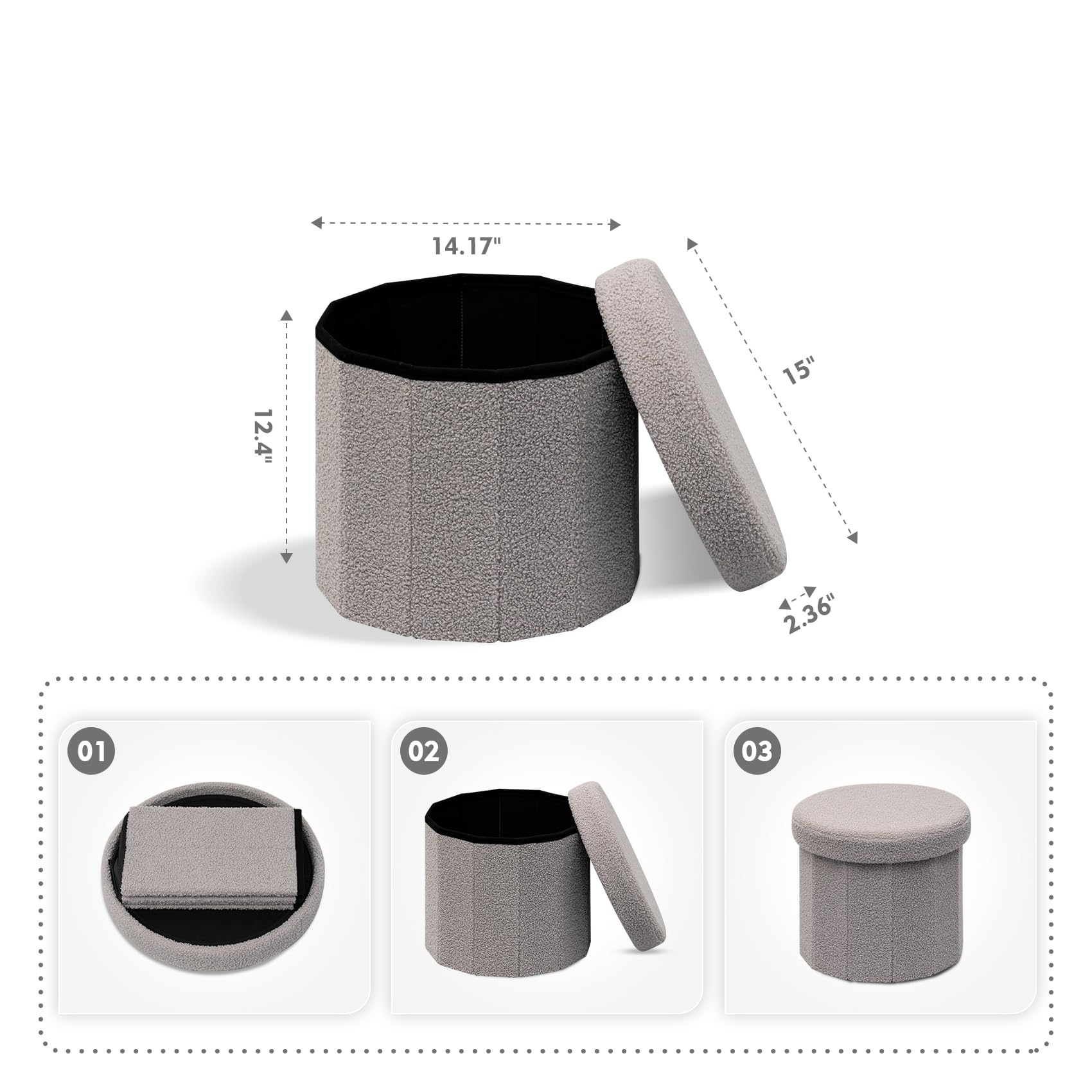 Bonlife Pouf Contenitore, Portaoggetti Baule, Poggiapiedi Pieghevole Rotondo, Cassapanca, per Ingresso, Soggiorno e Camera da Letto, Grigio, 38x38x38 cm