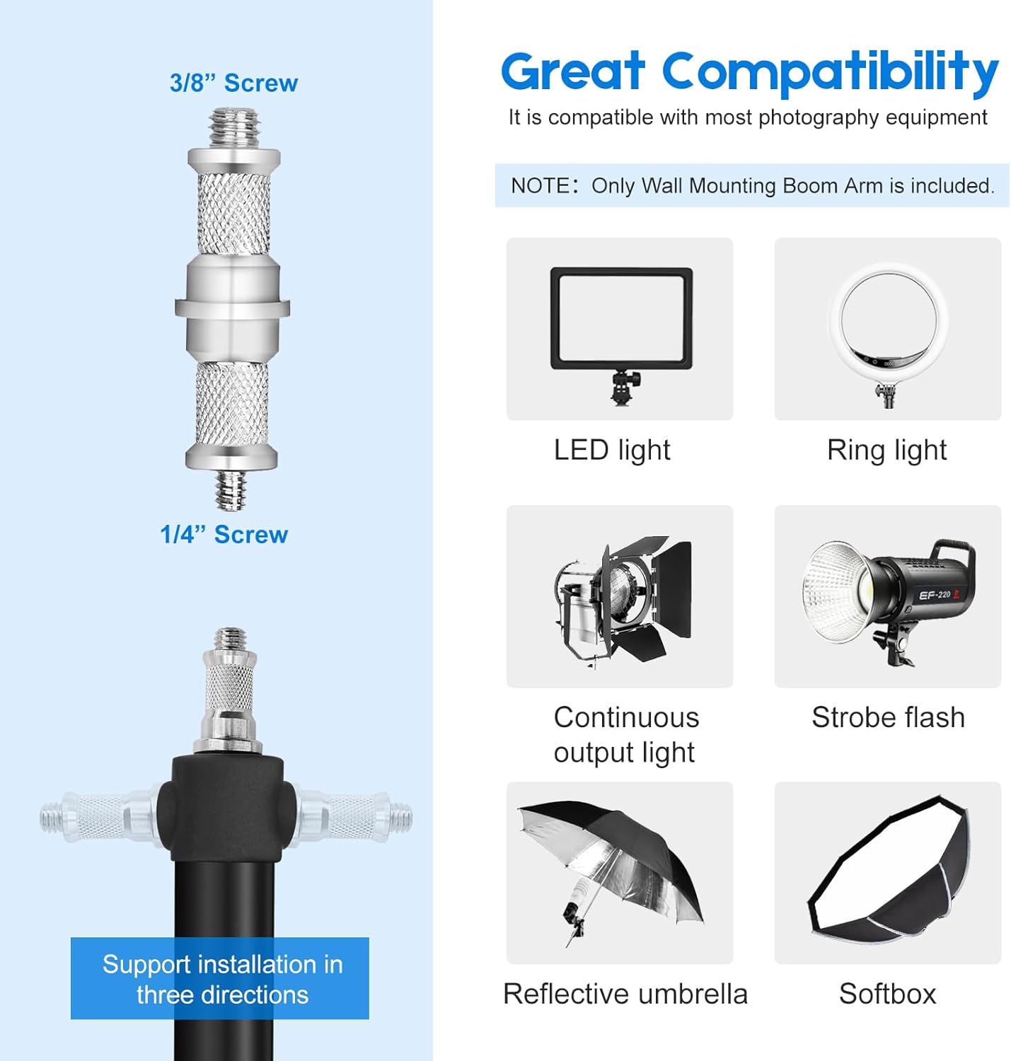 Wall Mount Triangle Boom Arm, Ring Light Mount with 180° Flexible Rotation, Adjustable 43.3"/110cm Heavy Duty Sturdy Alloy Stand, for Studio Photography Flash Video Light,Monolight,Softbox & Reflector