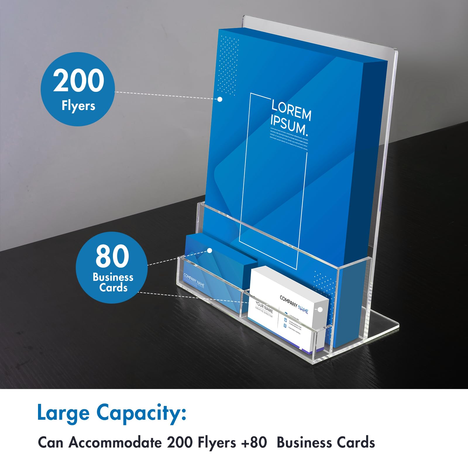 BEYGORM Soporte acrílico para folletos de 8.5 x 11 pulgadas con soporte para tarjetas de visita para 400 volantes, paquete de 2 soportes transparentes para folletos, soporte para folletos para feria