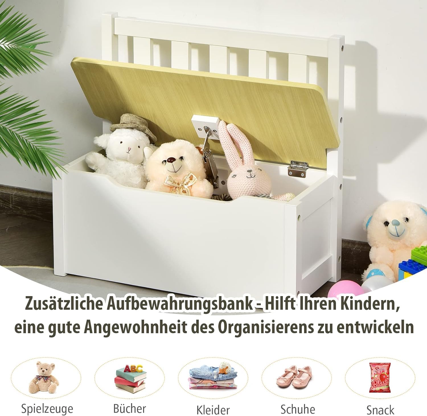 DREAMADE Kindetisch mit 2 Stühlen, Kindersitzgruppe aus Holz mit 22L Strauraum, Kindertruhenbank Kindermöbelset Holzsitzgruppe für Kinderzimmer, Spielzimmer, Wohnzimmer, Natur