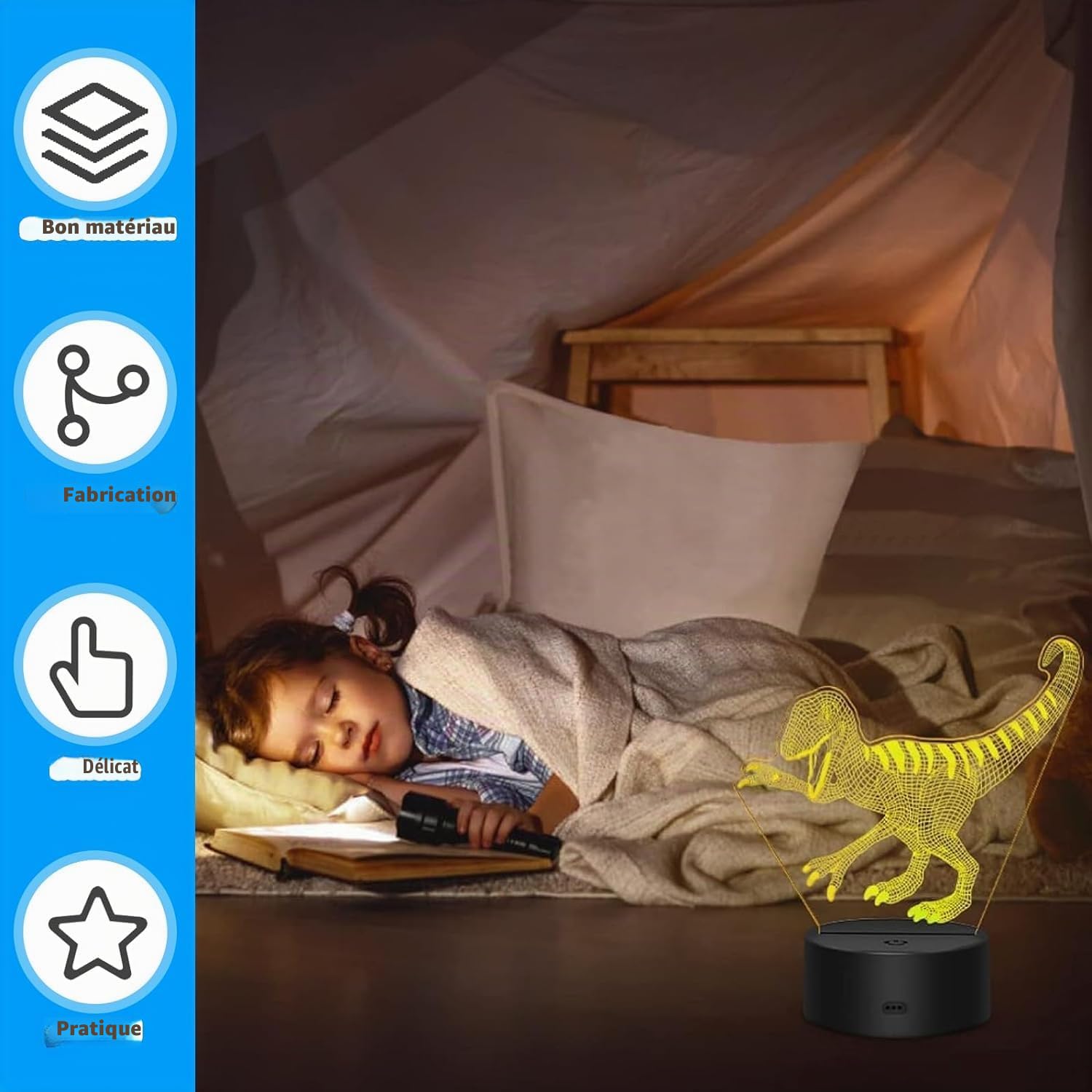 Lot de 4 veilleuses LED 3D avec socle lumineux : socle LED avec télécommande et câble USB, lampe illusion 3D, 7 couleurs, intensité variable, lampe décorative pour chambre d'enfant, chambre à coucher