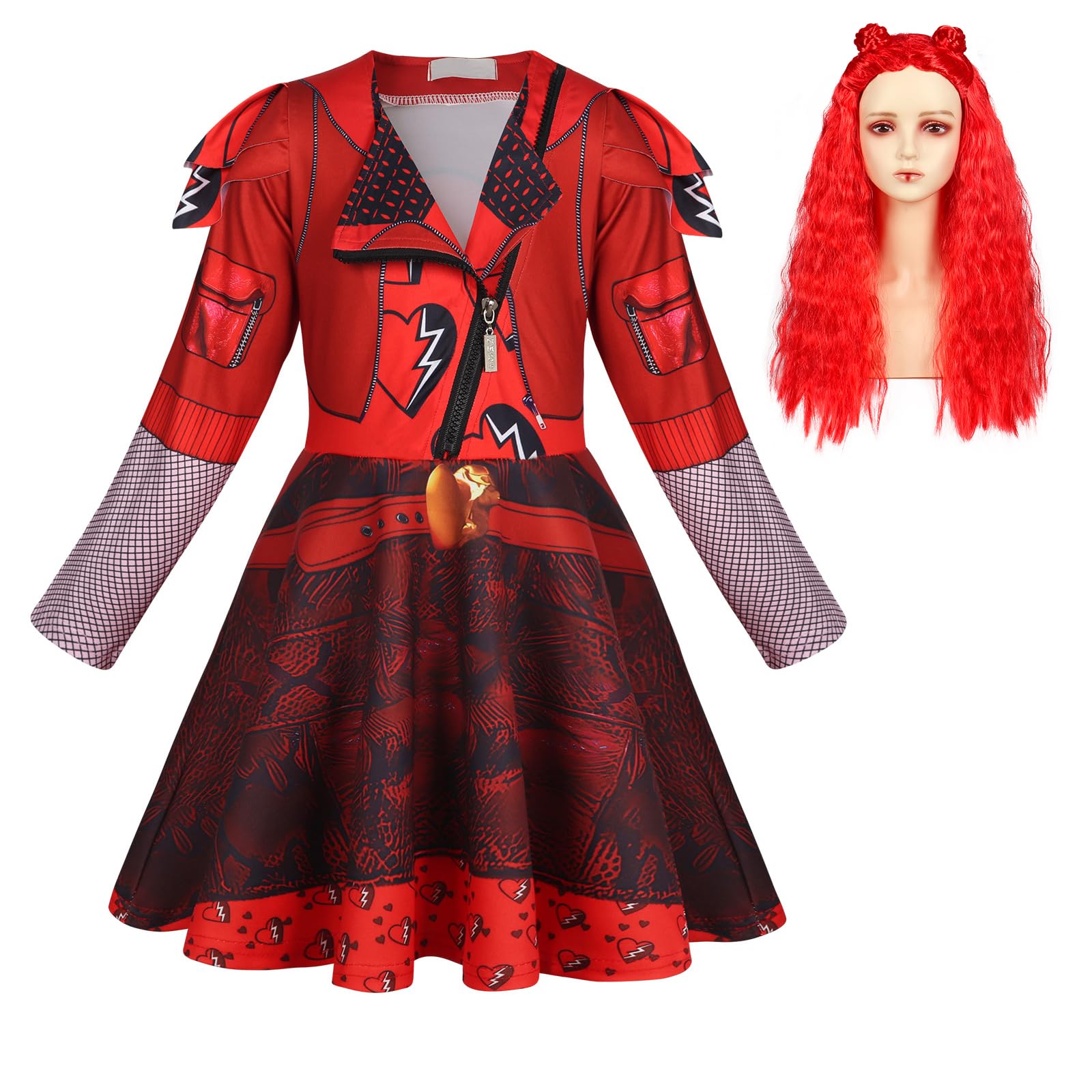 Berich Red Costume with Red Wig Princess Dressing up Kids Halloween Dress up Girls Christmas Role Play Theme Party Outfit Princess Costume 10-12 Years,15