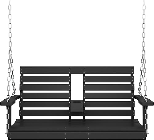 Miniatura 9 de KINGYES Silla columpio colgante para patio al aire libre, columpio de 2 asientos con portavasos, banco impermeable para patio y jardín, capacidad de