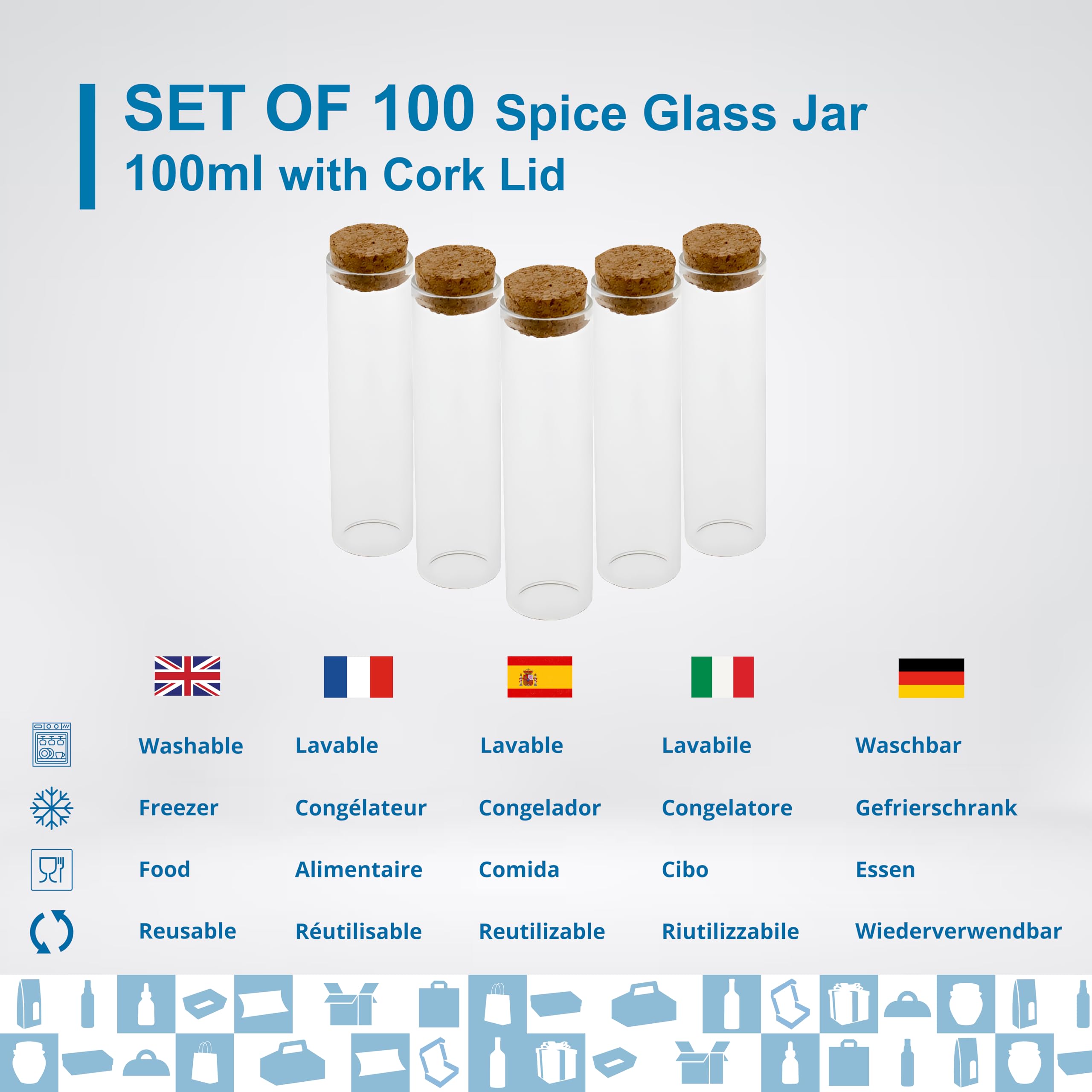 Pack de 100 tubos de ensayo de vidrio con tapón Liege 100 ml - frascos para laboratorio, frascos de cristal, tubo de cristal, frasco de cristal, grageas de boda, decoración, bauteme, especias,