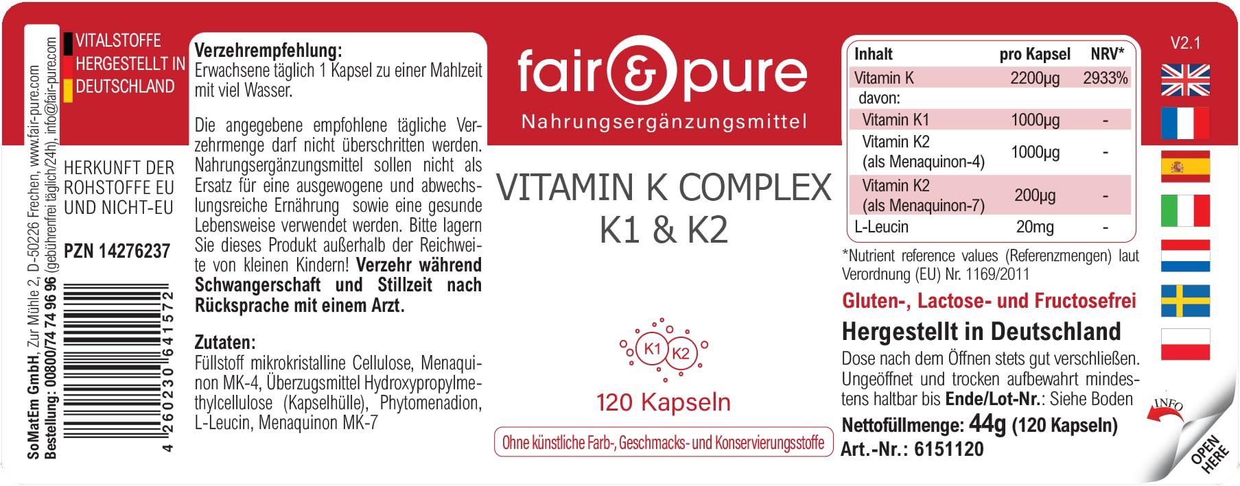 Fair & Pure® - Vitamine K Complexe K1 & K2 - avec 2200μg de Vitamines K par gélule - 120 gélules véganes