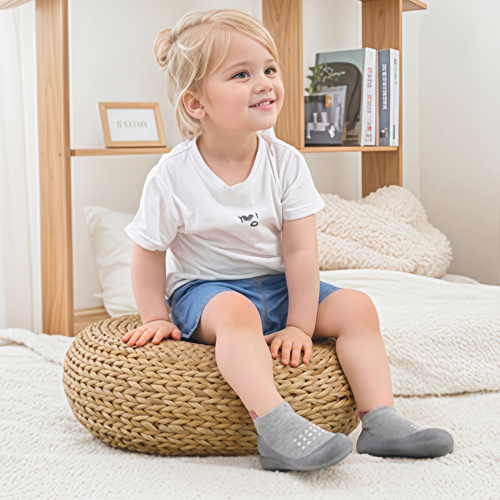 Kabwea 1 paire de chaussons bébés gris, chaussures premiers pas pour tout-petits, chaussons antidérapants, chaussettes antidérapantes enfant, chaussettes bébé antidérapantes