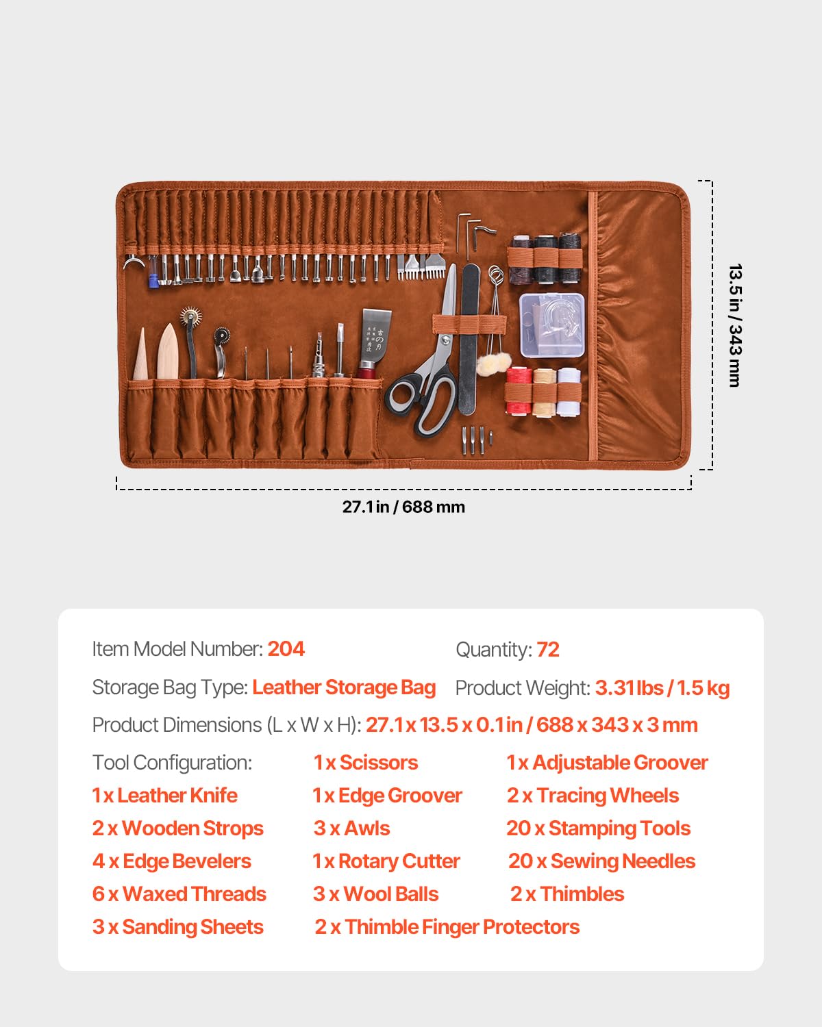 VEVOR Kit di Utensili per Lavorazione della Pelle, 72 Pezzi, Utensili per l'Artigianato della Pelle con Borsa Portaoggetti Portatile, per Incisione, Punzonatura, Cucito, Timbratura e Levigatura