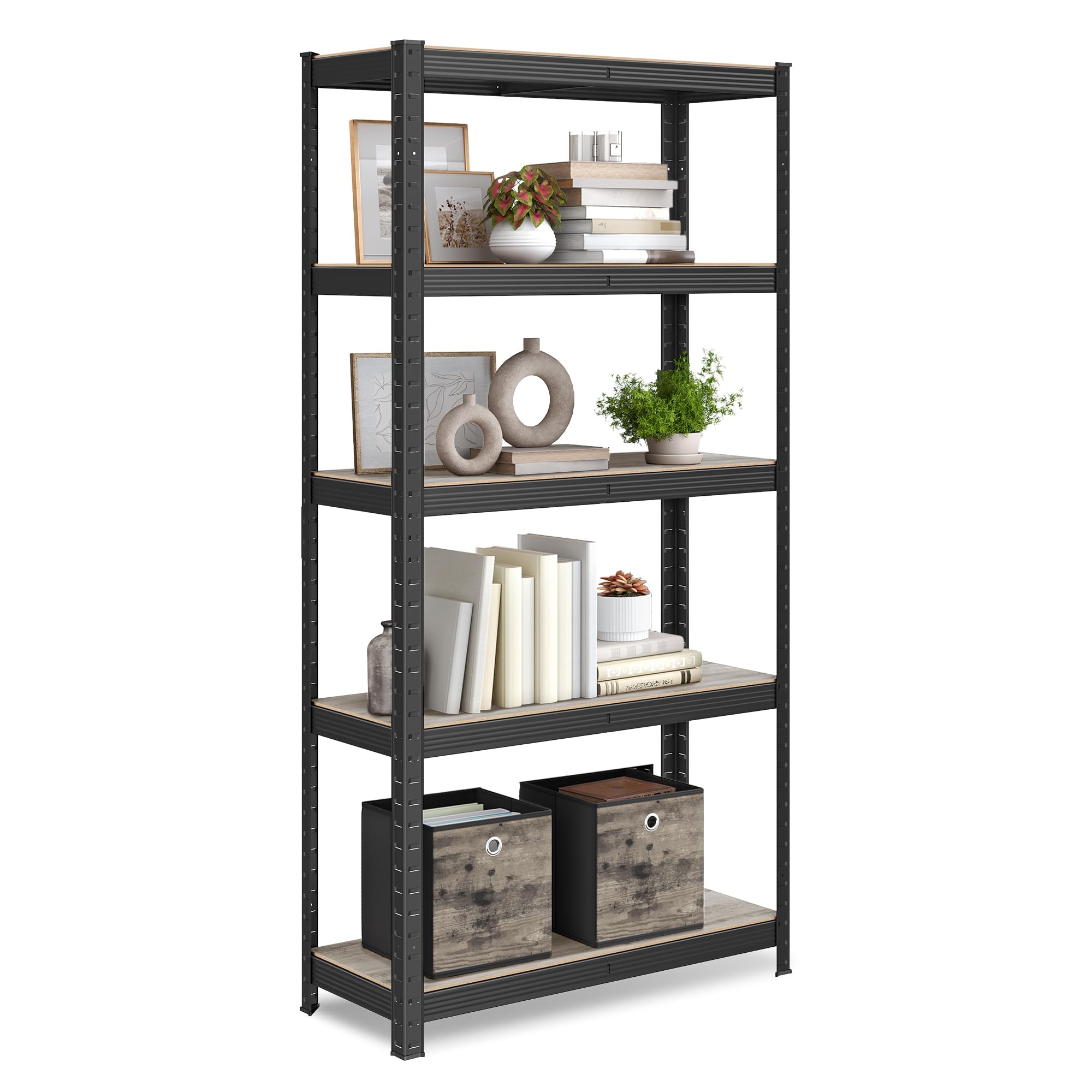 SONGMICS Shelving Unit, 30 x 75 x 150 cm, 650 kg Load Capacity (130 kg per Shelf), Industrial, Adjustable Storage Shelves, for Living Room, Kitchen, Garage, Greige and Black GLR030B11