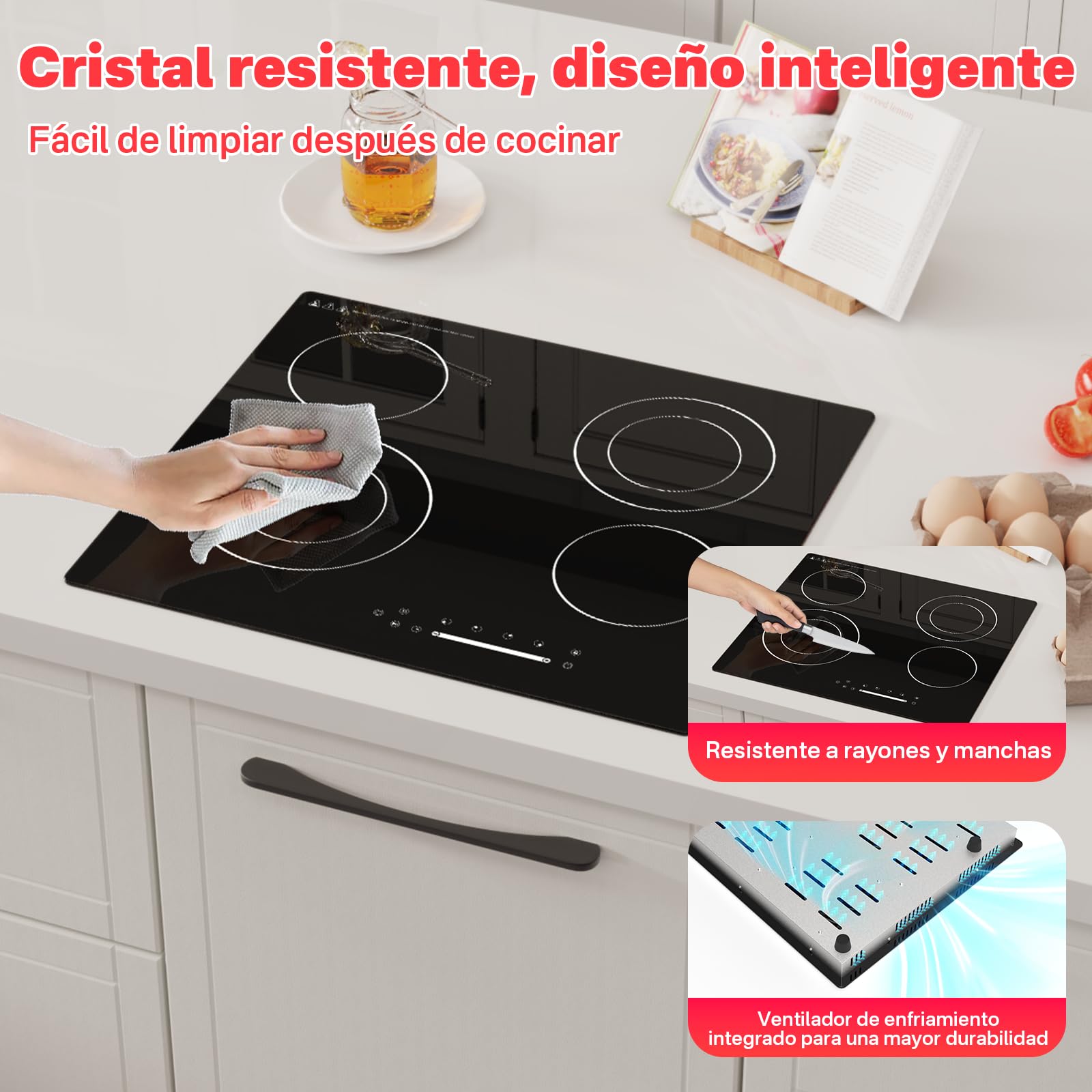 Alemania Placa Vitrocerámica 60 cm 4 Zonas 6700W con Zona Doble, Placa Eléctrica Empotrable con Control Deslizante, Temporizador, Pausa, Mantener Caliente, Bloqueo Infantil