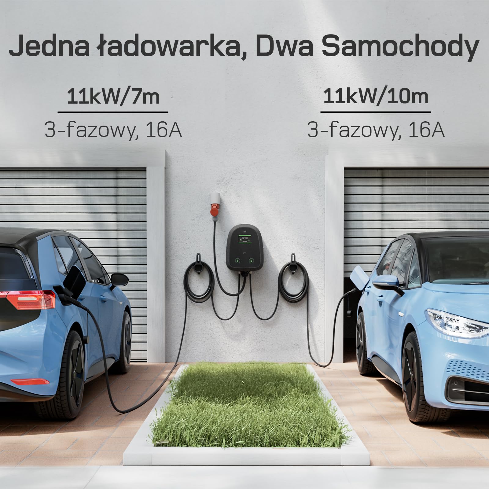dé Podwójna stacja ładowania 2×11kW [7m+10m, 2×16A, trójfazowa] Wallbox 11kW z podwójnym kablem Typu 2, elektryczna ładowarka samochodowa sterowana aplikacją i ekranem dotykowym, do modeli Y/3 i