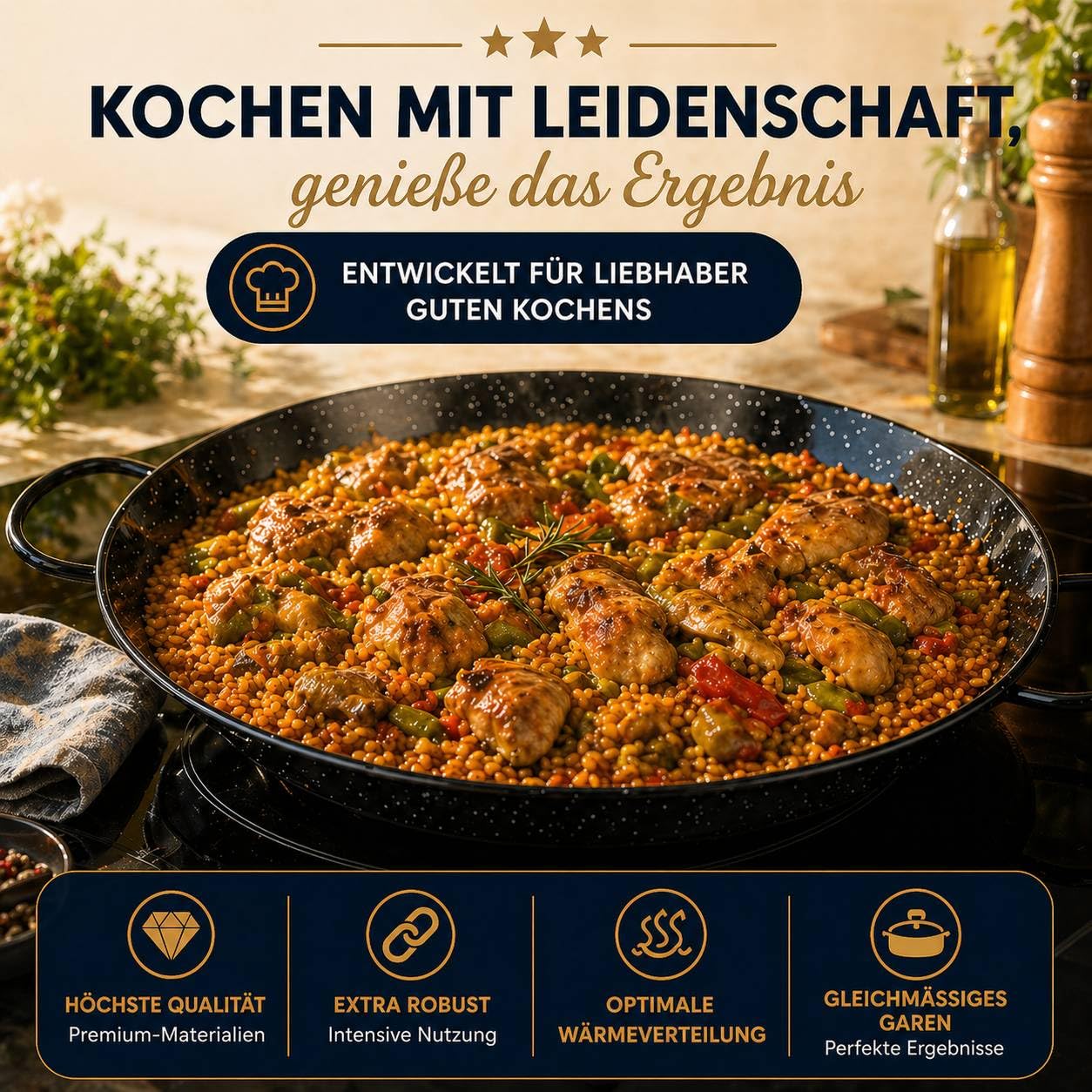 TEHORNEO Paella Pfanne Induktion, Paella Pfanne 36 cm Emaillierter Stahl 6-7 Portionen, Paellapfanne, Paella Grill, Paellera Geeignet für Induktion, Feuer und Vitrokeramik