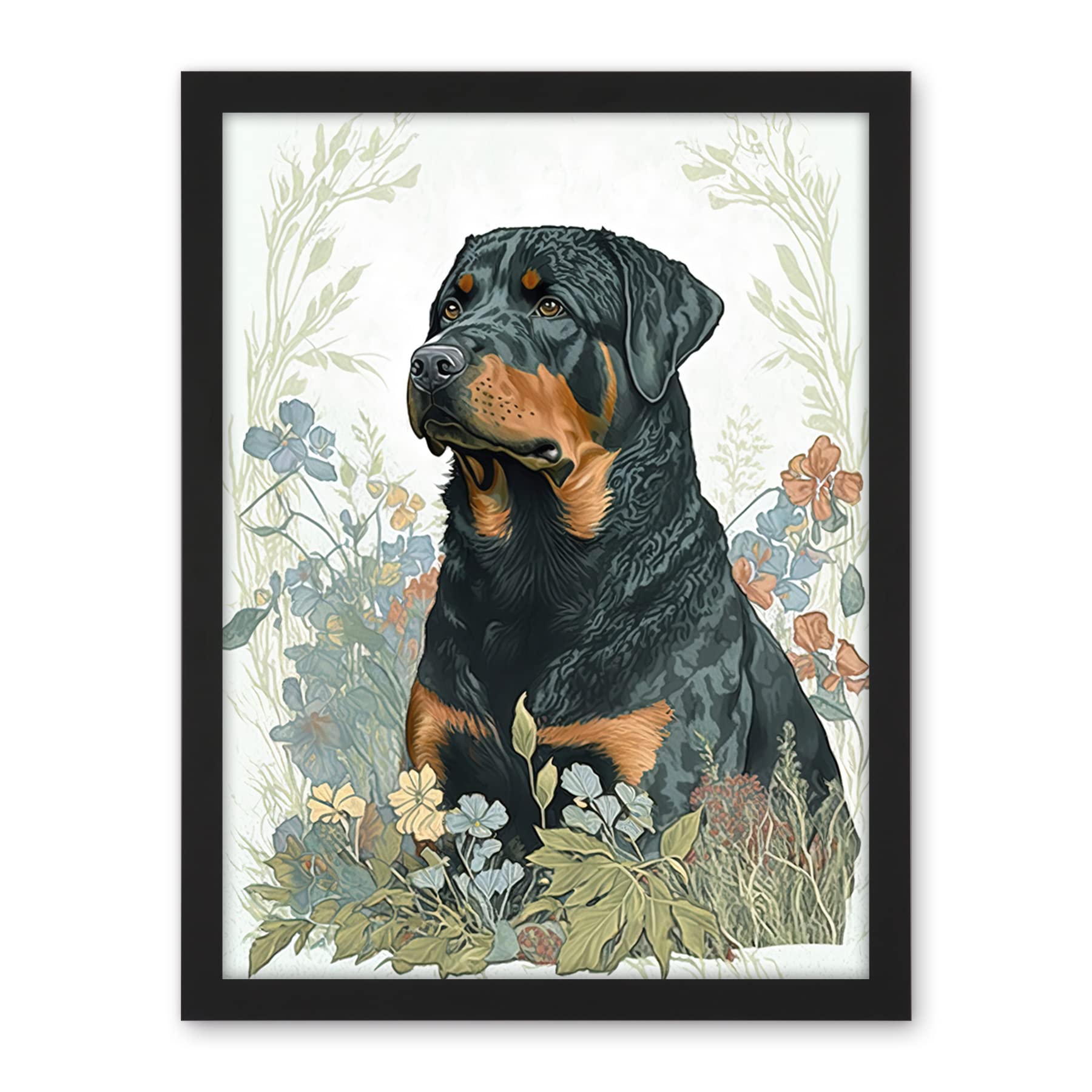 Artery8 Rottweiler Dog Sitting in Flower Field Modern Watercolour Illustration Artwork Framed Wall Art Print 18X24 Inch
