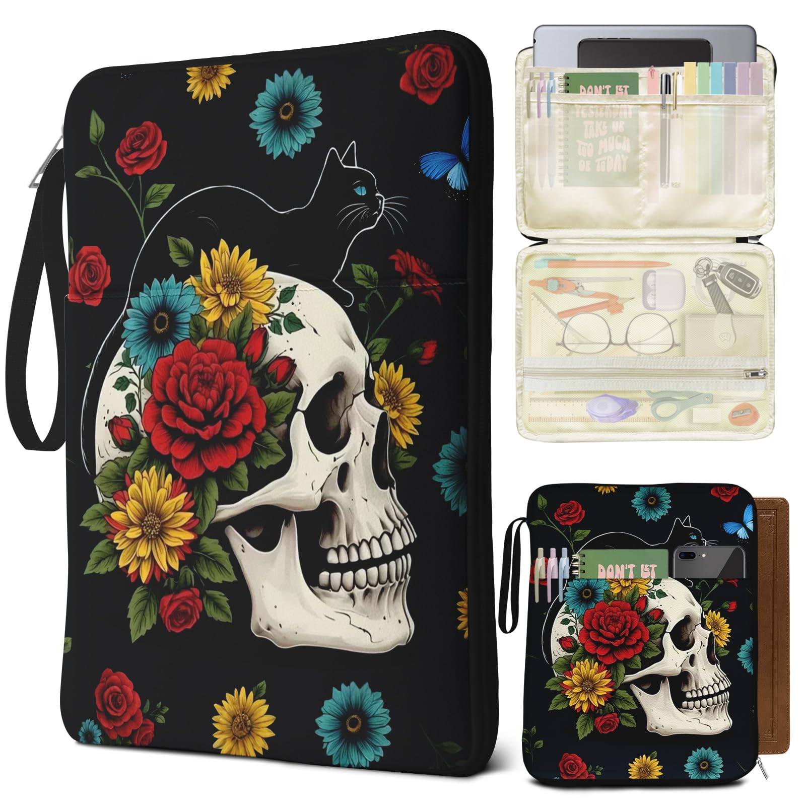 Bolimoss Buchschutzhülle, Totenkopf-Design, schwarze Katze, PU-Leder, wasserdichte Buchhülle mit Griff, Kindle-Tragetasche mit Reißverschlusstaschen für Taschenbücher, Hardcover, Geschenke für