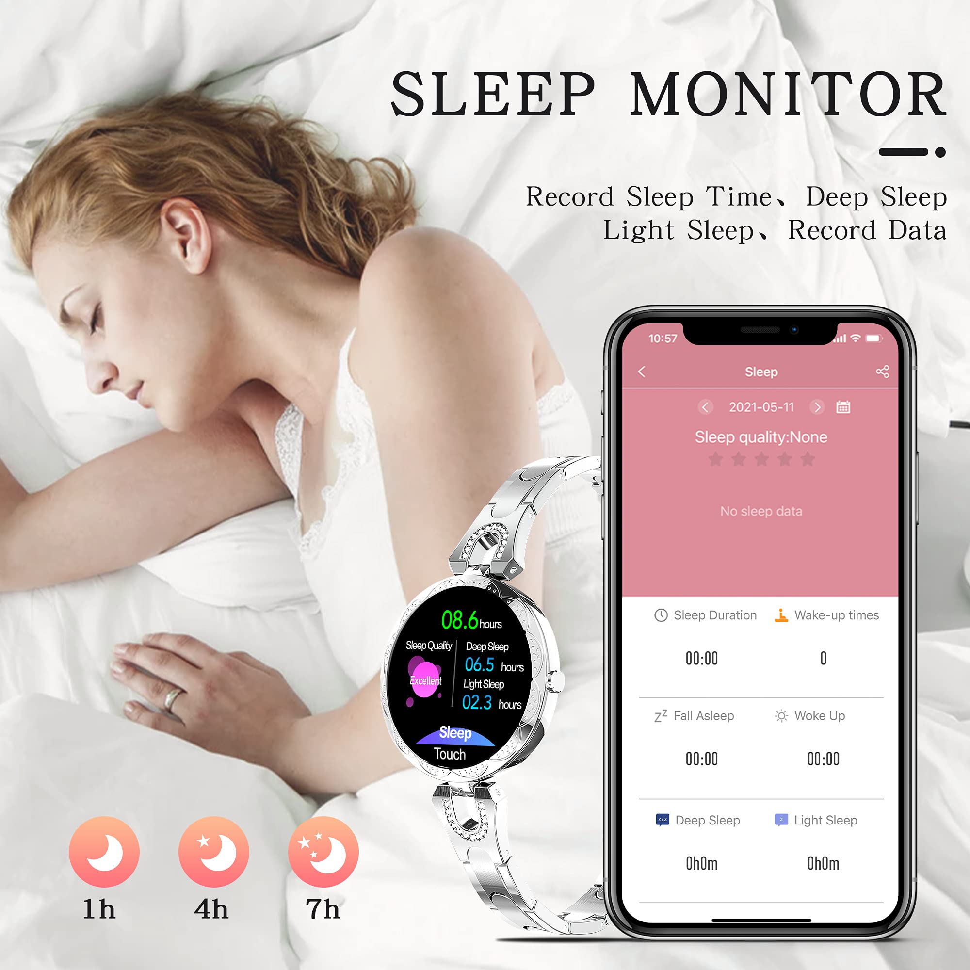 findtime damski wodoodporny stalowy zegarek z monitorem tętna i fitness dla systemów Android i iOS IP68 wodoodporny, srebrny, Nowoczesny