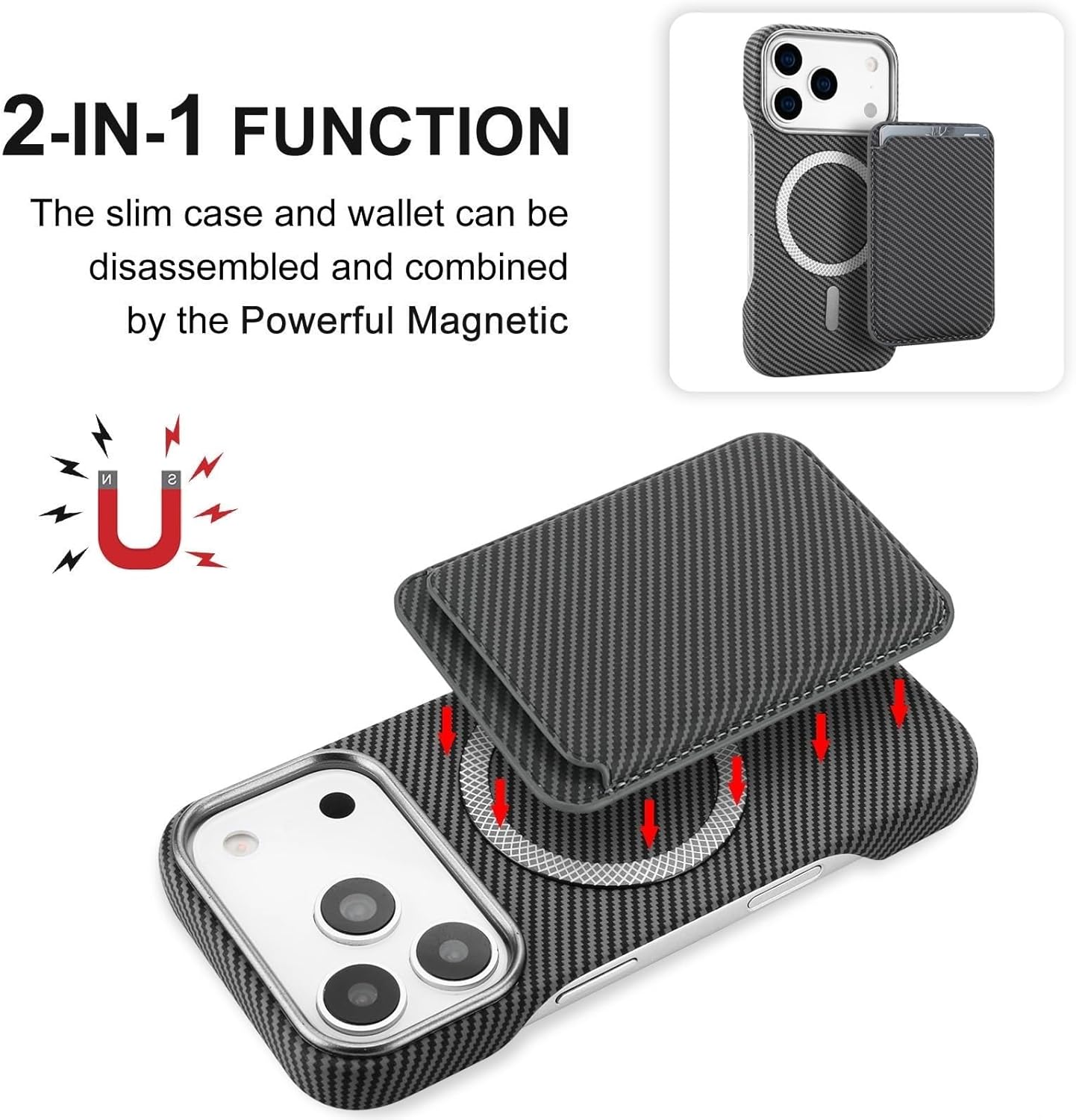 Magnetic Carbon Fiber Texture Wallet Case for iPhone 17/17 Air/17 Pro/17 Pro Max, Separate Card Slot & Protection Cover(Gray,17 Air)