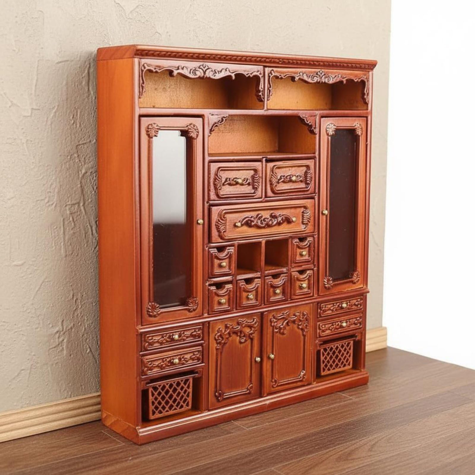 Mini Armadio Miniatura Armadietto Modello Casa Delle Bambole in Legno con Sportelli E Cassetti Funzionanti Artigianato Europeo Adatto per Collezionisti Diorami Esposizione Domestica 1 12