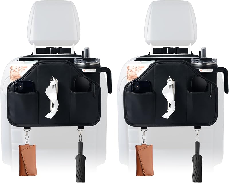 Organizador para Encosto de Banco com Porta-T lenços Extra Grande BAEZUS em Couro PU Preto, Kit com 2