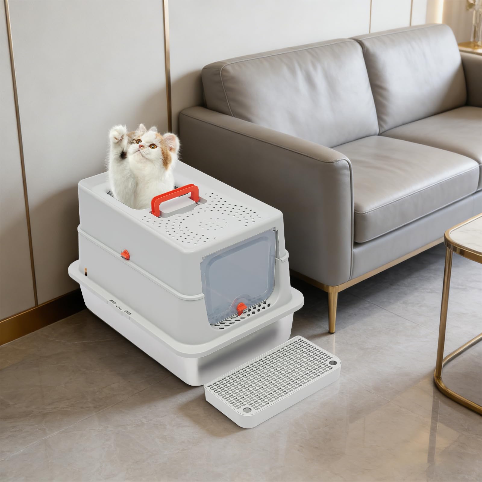 Lettiera da viaggio per gatti con coperchio, design 2 in 1 | Lettiera per gatti in acciaio inox con manico portatile, pedale paraspruzzi e paletta, lettiera portatile per gatti di grandi