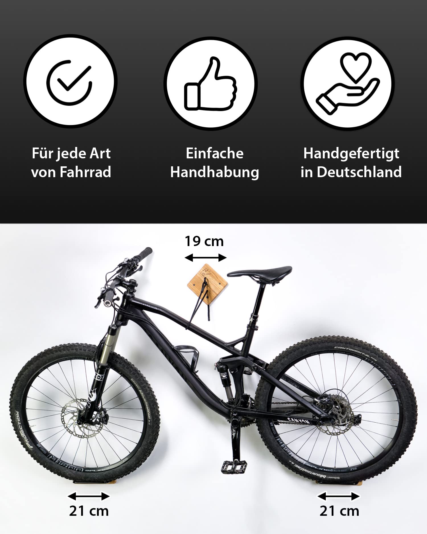 PARAX Fahrrad Wandhalterung U-Rack Holz – Fahrrad Halterung für MTB, E-Bike, Damenrad, Rennrad, Gravel Bike – Fahrradhalter Wand bis 35kg Indoor Aufbewahrung für Garage, Wohnung, Wohnzimmer