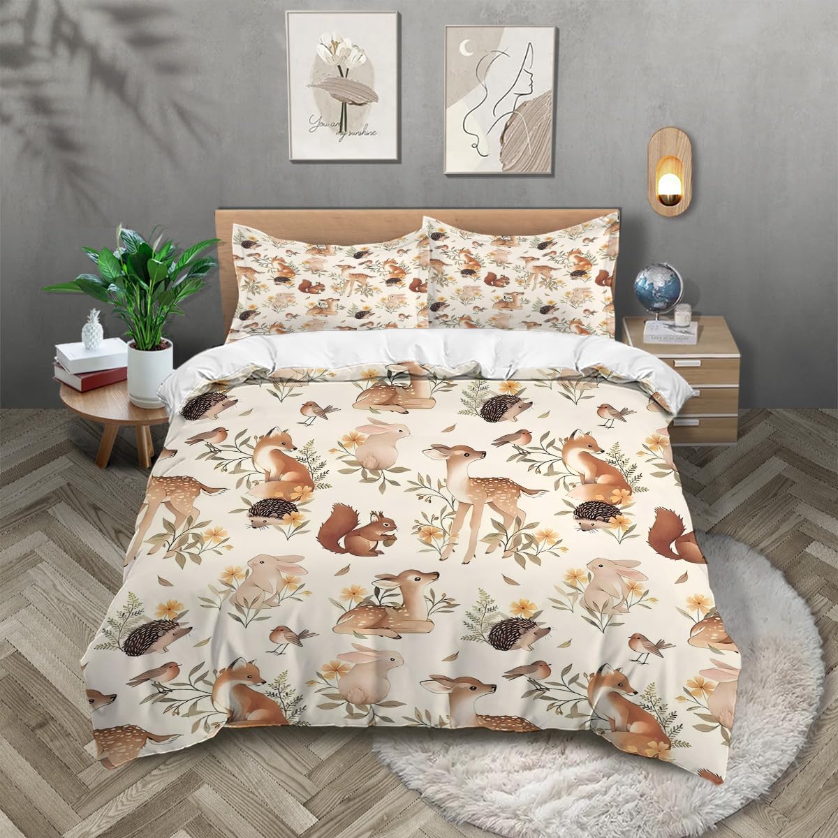 TKCQX King Size Duvet Cover Fox Deer Squirrel Rabbit Wildlife King Size Bedding Sets for Kids Boys Girls Aldult Duvet Cover Sets Made of Microfiber with Pillowcase 50x75 cm
