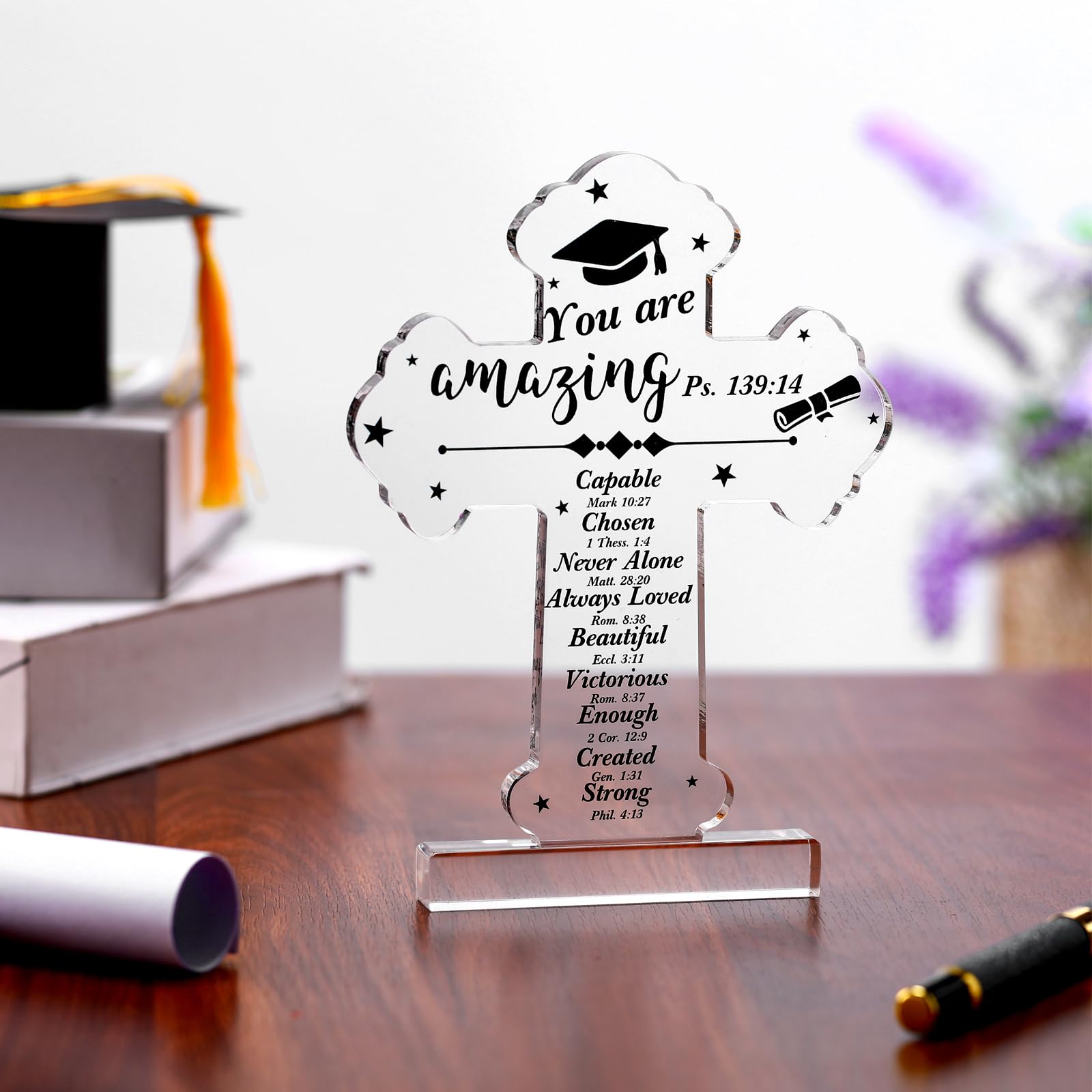 Graduation Gift for Her Him Class of 2026 Religious Graduation Acrylic Standing Cross for Senior College Inspirational Bible Verse Acrylic Grad Gift Christian Scripture Desk(Classic)