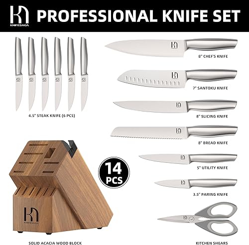 Miniatura 4 de Juego de cuchillos de cocina de 14 piezas de acero inoxidable japonés de alto carbono con afilador integrado, juego de cuchillos de chef de hoja