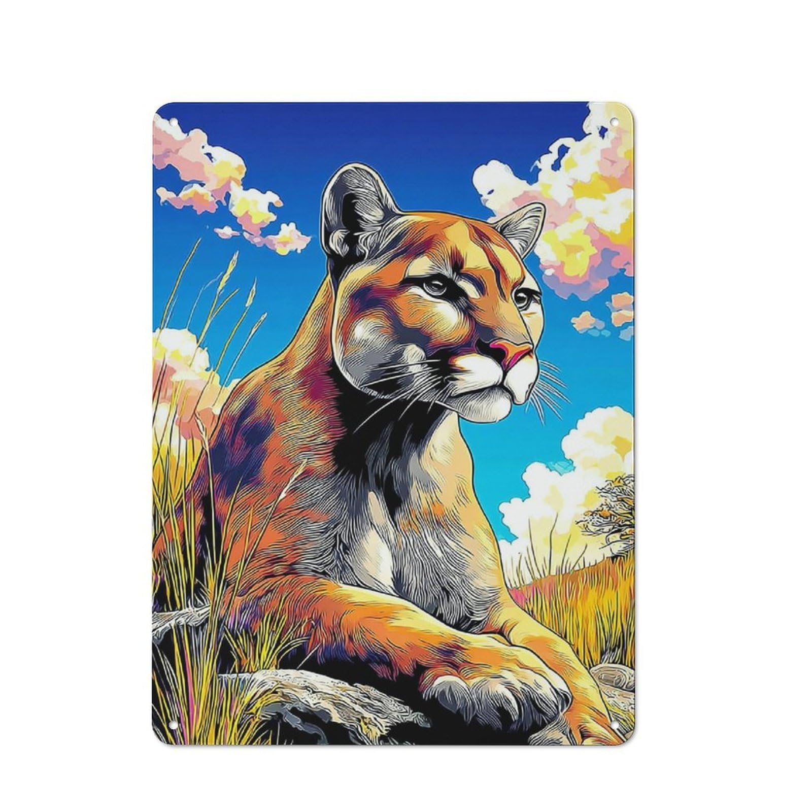 Mountain Lion in Wildflowers Vintage Metal Wall Decor 40x30cm, Garage Metal Sign for Workshop, Basement, Shed Or Games Room