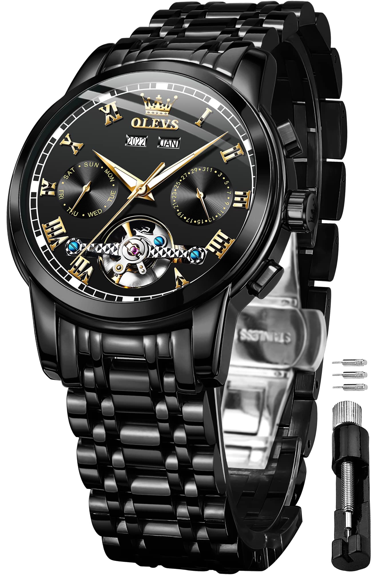 OLEVSSelf Winding Watches for Men Automatic Mechanical Dress Tourbillon Stainless Steel Dual Calendar Waterproof Luminous Wrist Watch