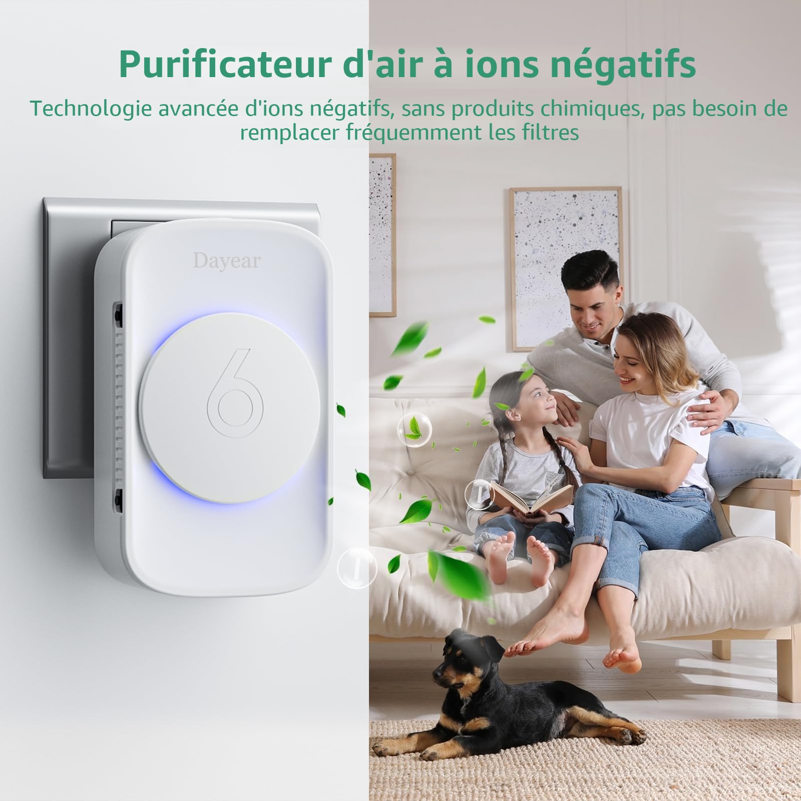 Purificateur d'Air,Sans filtre,17dB,Purification par ions négatifs | 3PCS Plug and Play Air Purifier, Ioniseur d'Air pour Chambre d’Animaux, Chambre, Maison, Salon, 3 Modes LED, ABS 94V0
