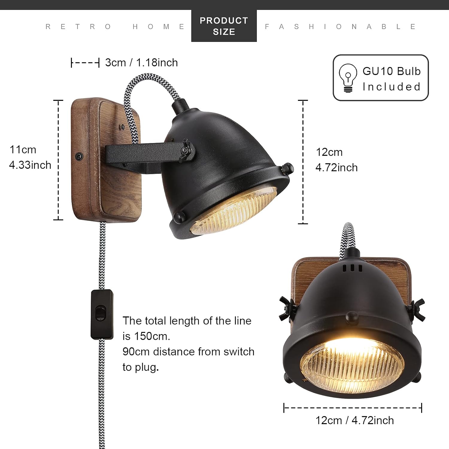 Bіg Sаlе Industrial Black Plug in Cord Wall Sconce, Vintage Rotatable LED Indoor Wall Lamp with Wood Base - Adjustable Shade Rustic Wall Mounted Lights for Bedroom, Living Room,Porch(Black, GU10 Bulb Included)