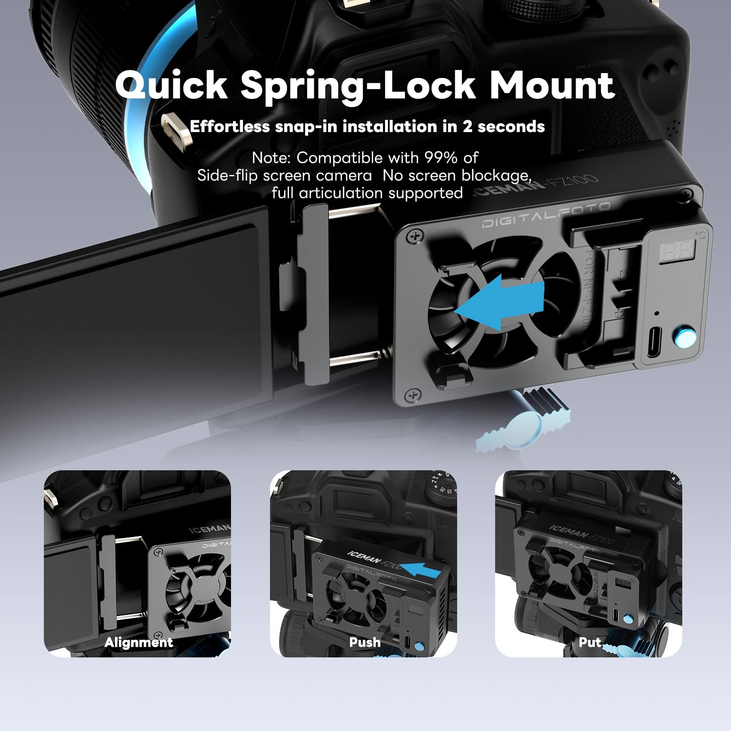 ICEMAN-FZ100 Camera Cooler for Sony ZV-E1/A6700/A7IV/FX3, TEC Thermoelectric Camera Cooling Fan, LED Display, Dual Power via NP-FZ100 Battery or USB-C, Silent Operation, Quick Lock Mount