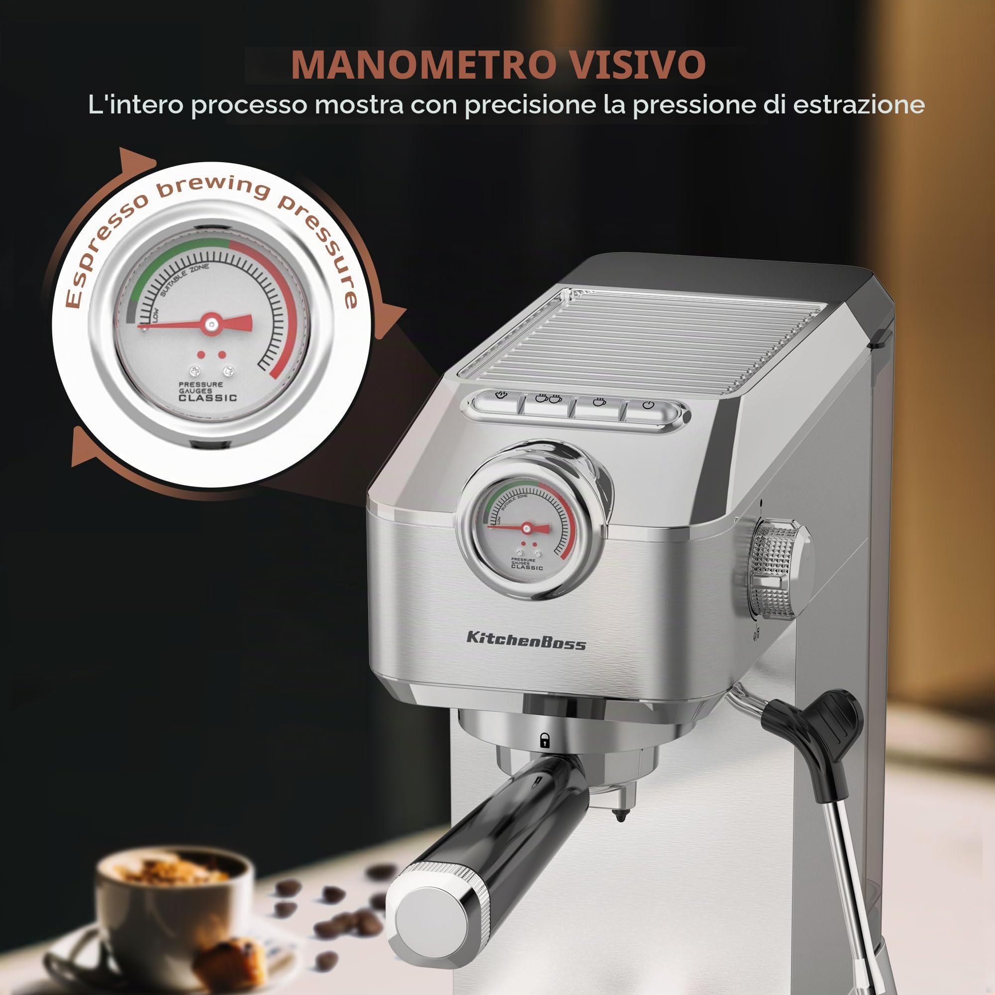 KitchenBoss Macchina Caffè Espresso Professionali : 15 Bar per la Casa, Macchina Caffè Cappuccino con Lancia Vapore Montalatte, Macchina Caffè per Latte, Serbatoio Estraibile 1,2 L