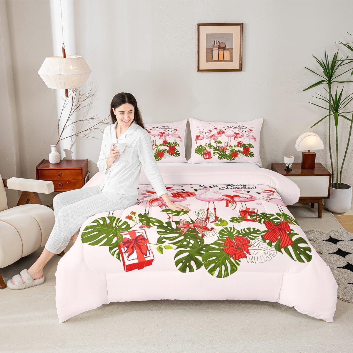 Merry Christmas Comforter Set Queen Size,Pink Flamingo Cartoon Bird Animal Bedding Set for Women Adult,Winter Snowflake Green Leaves Luxury Bed Duvet Insert, 2 Pillowcases