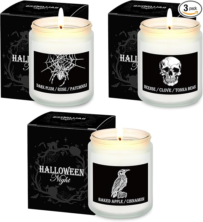 3 Pack Halloween Scented Candles Gifts Halloween Spooky Skull Crow Spider Candles Set with Presents Boxes for Home Decor Indoor