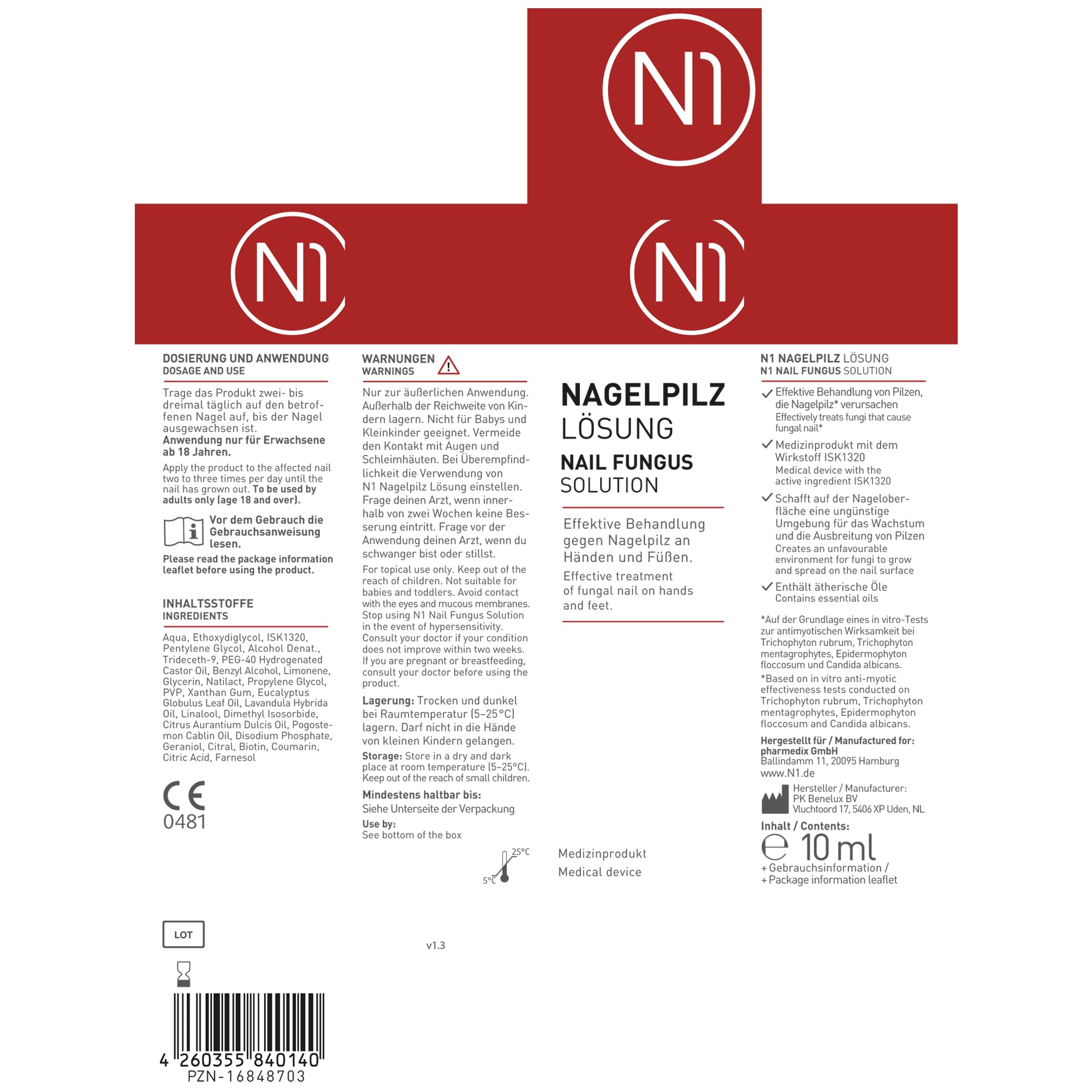 N1 Solución para hongos en las uñas, 20 ml, producto médico para un tratamiento intensivo rápido, calidad de farmacia con efecto demostrado, esmalte de uñas para tratamiento de hongos en las manos y