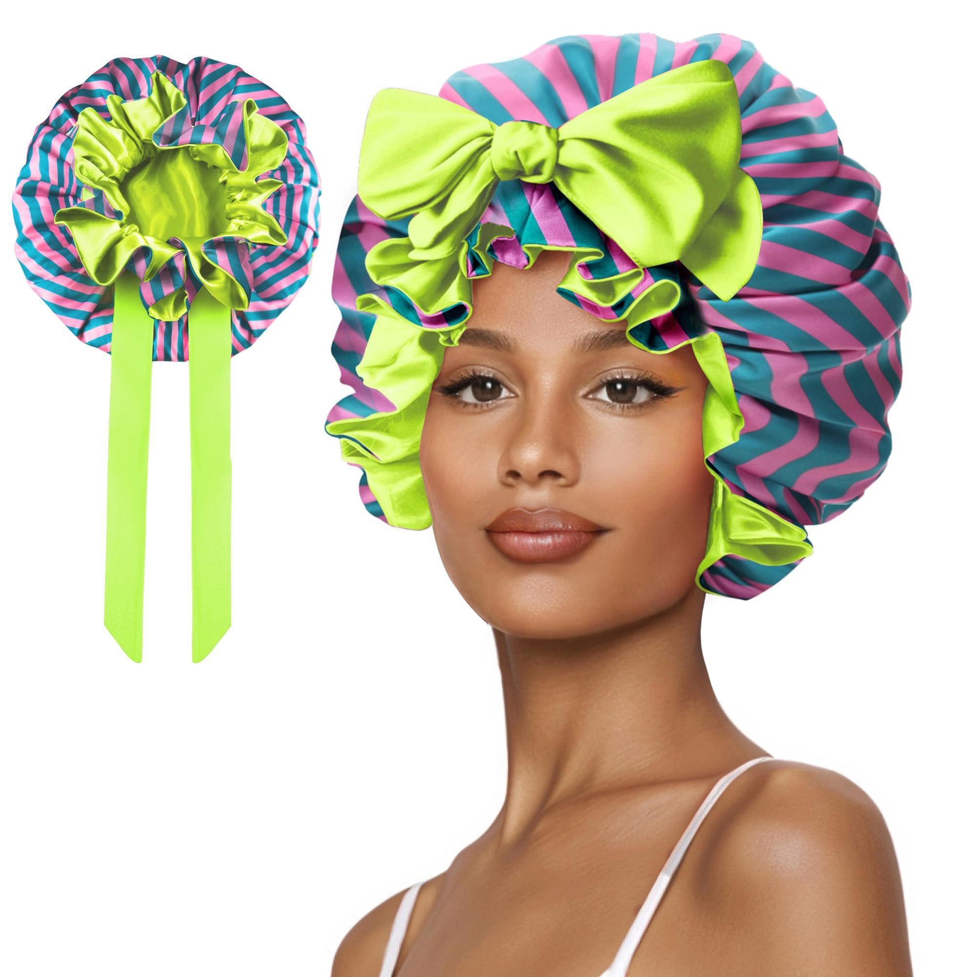 Vettres Silk Hair Bonnet for Sleeping, Satin Shower Cap for Women 2025 with Tie Band and Adjustable Straps Head Wrap for Curly Hair Pink-Red-Green F