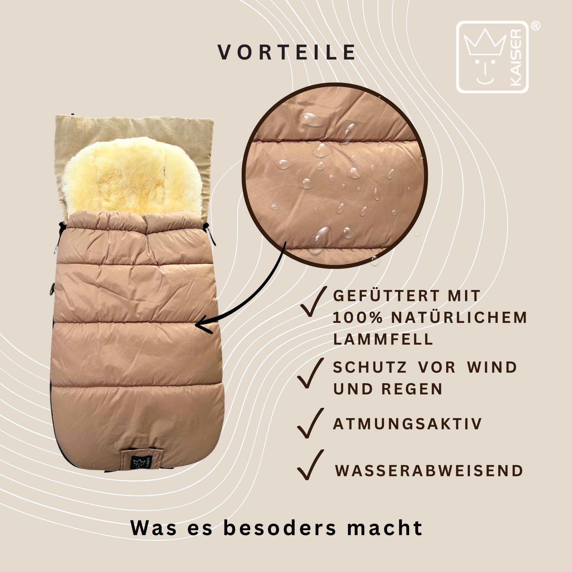 SHEEP Thermo Fußsack mit Lammfelleinlage, 100x45cm, Universal Kinderwagen, Wasserabweisend, Reflektorstreifen (sand)