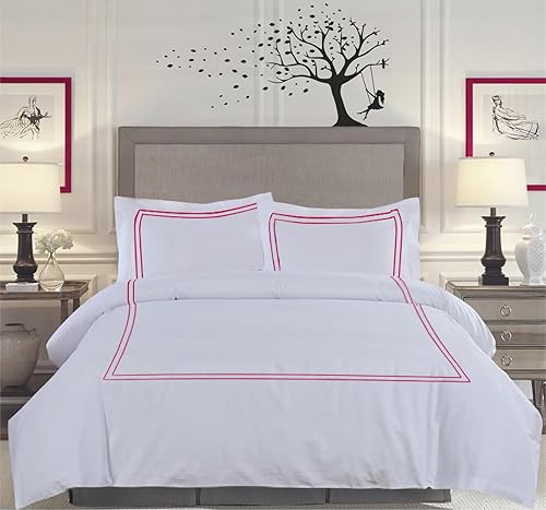 Miniatura 2 de BedDecor Lujoso juego de funda de edredón de algodón egipcio de 400 hilos, 3 piezas, bordado con hermoso bordado de 2 rayas (rosa fuerte,