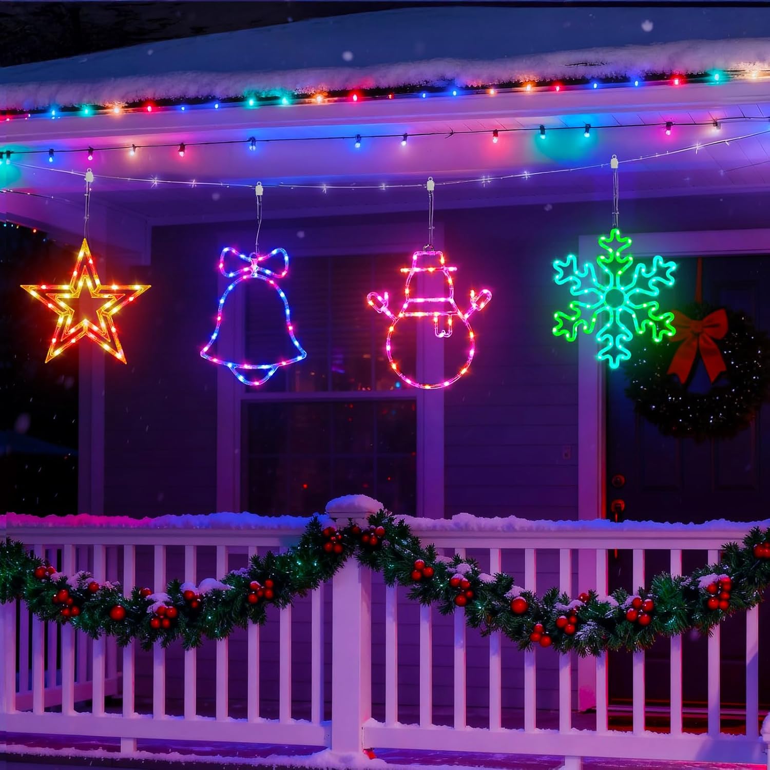 4 Pack Christmas Window Silhouette Lights, Smart Christmas Decorations Colour Light Gift, APP Control Snowman, Snowflake, Bell, Five Pointed Star for Holiday Indoor and Outdoor Wall Window Decorate