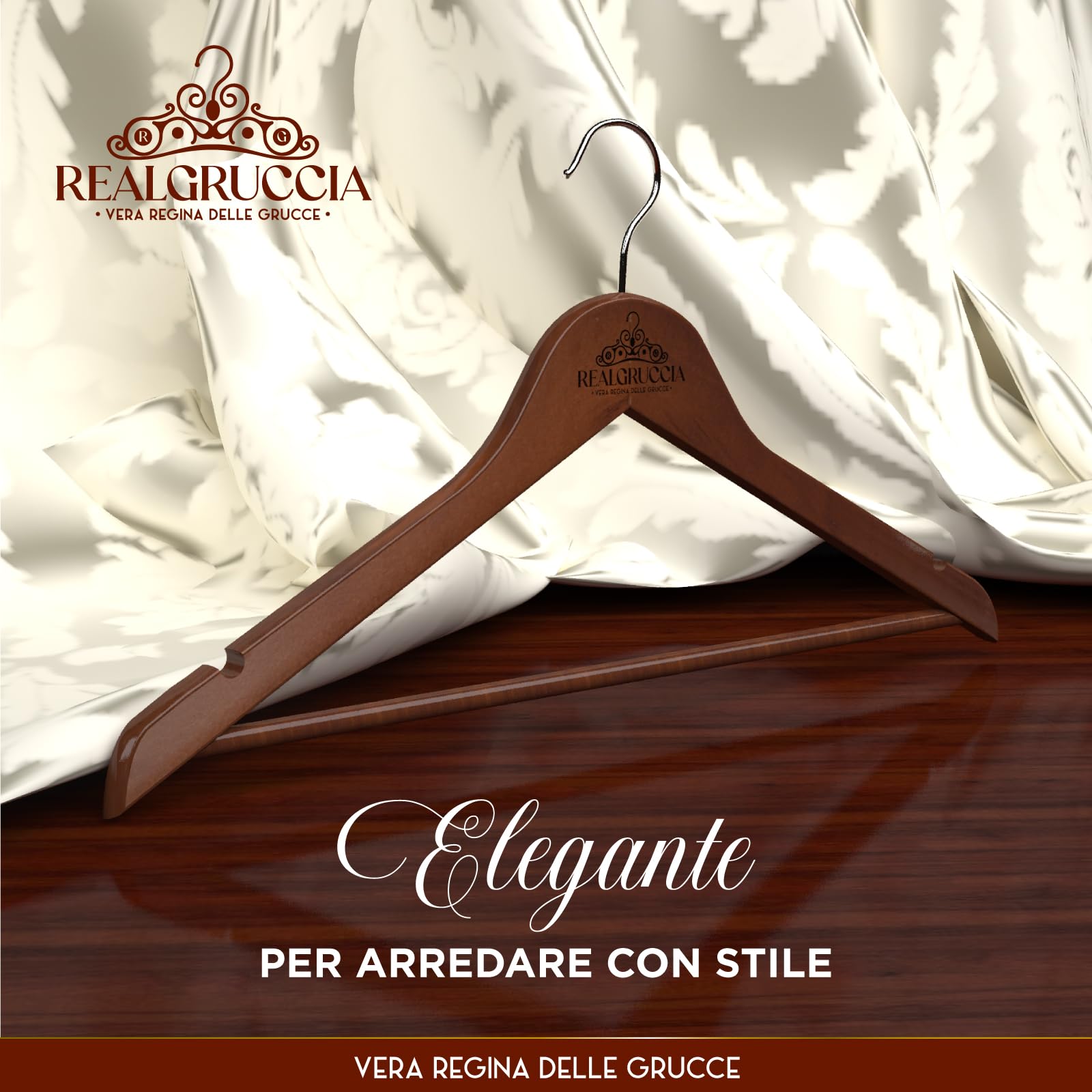 40 Grucce in Legno Marrone Scuro per Vestiti Abiti Giacche e Camicie - Appendiabiti 22x45cm - RealGruccia Barra Pantaloni Tacche Antiscivolo e Gancio Girevole 360° - Profilo Smussato Finitura Lucida