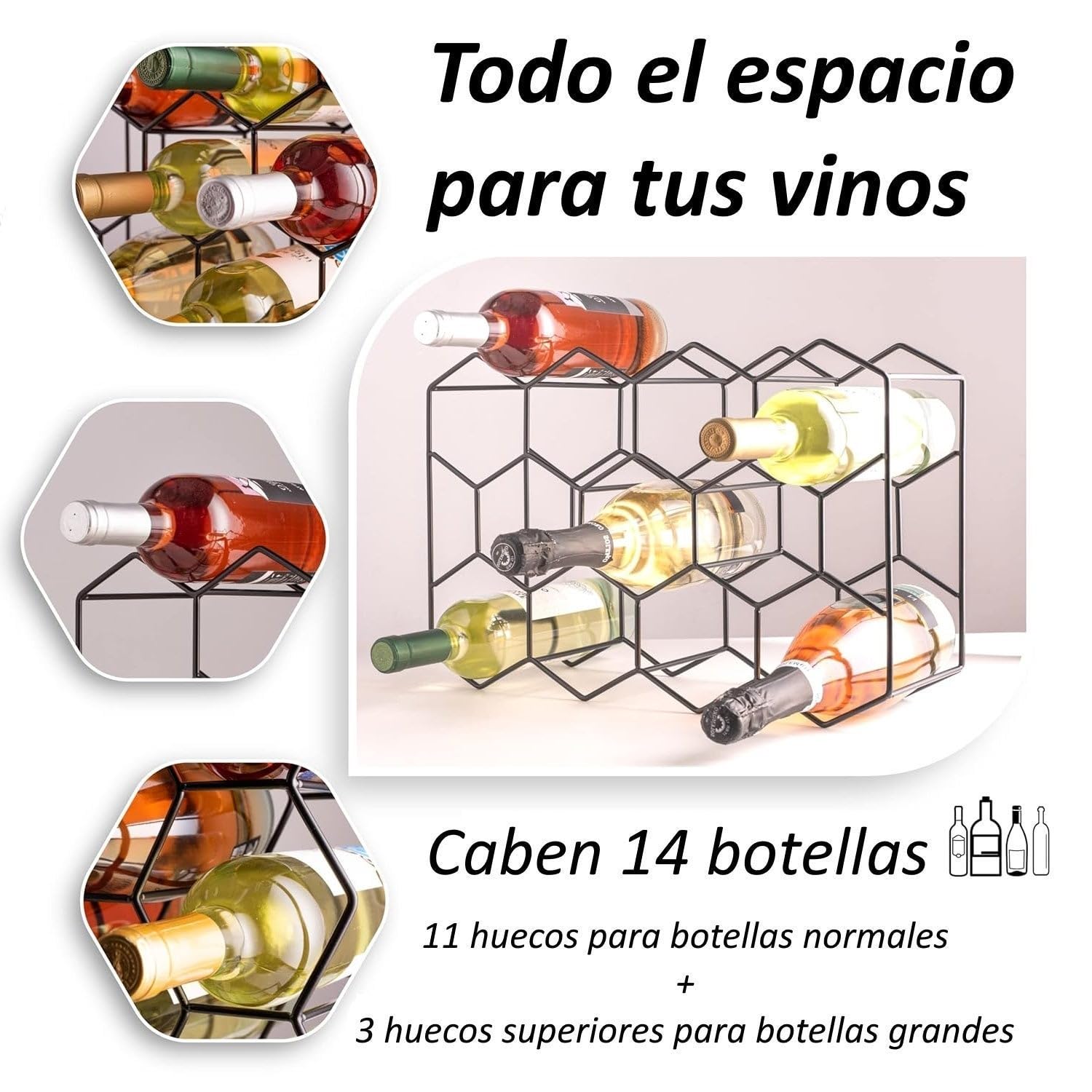 Botellero de vino para 14 botellas metal negro 43x30 cm hexagonal panal