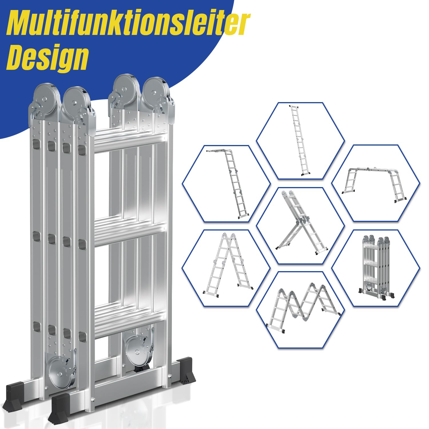 Herrselsam Wielofunkcyjna drabina 4 x 3, 7 w 1 drabina wielofunkcyjna 366 cm, aluminiowa drabina składana z 2 platformami i kółkami, maks. obciążenie 150 kg, drabina wielofunkcyjna, 12 szczebli