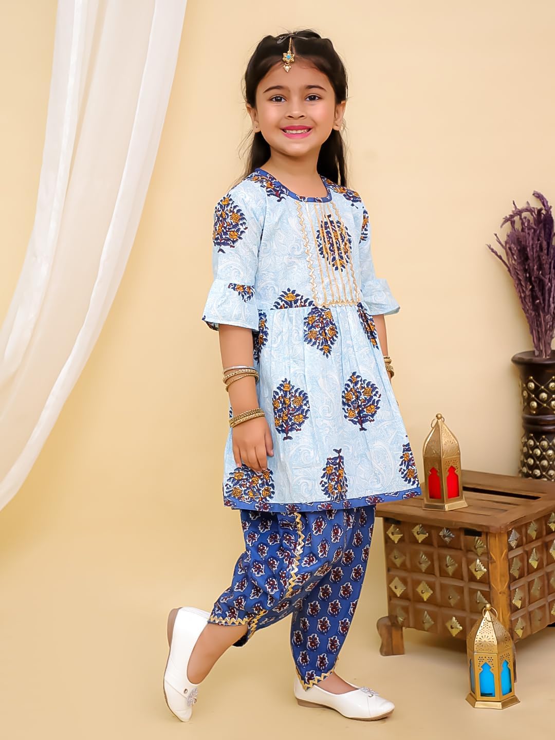 Superminis Baby Girls Jaipuri Print Frock Style Kurti with Frill Sleeves Salwar with Elastic Closure Ethnic Dress