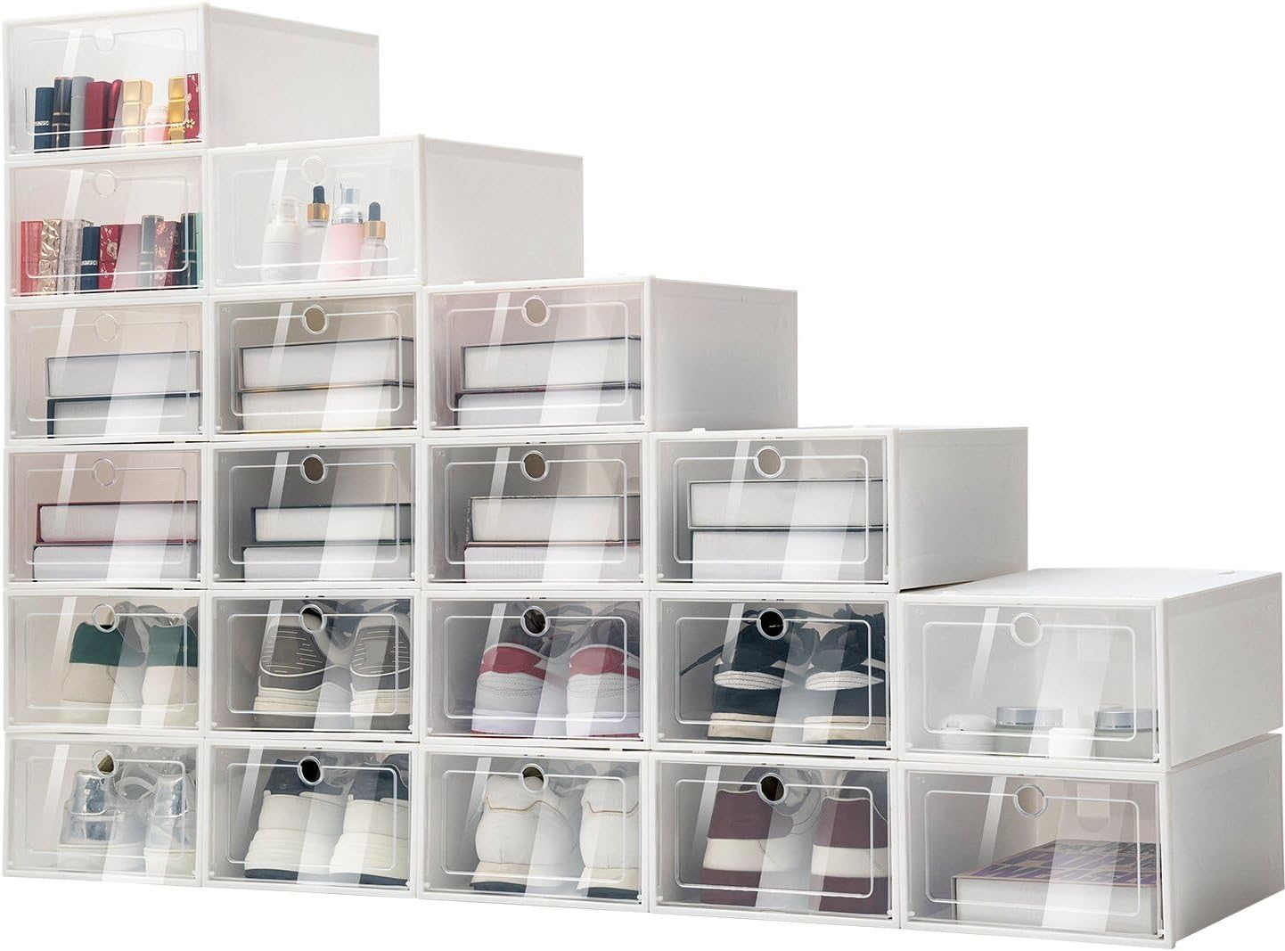 24Pcs Large Size Stackable Shoe Boxes, Space Saving Foldable Shoe Rack, Clear Plastic Sneaker Display Case, Shoe Container for Sneakers Leather Shoes Slippers