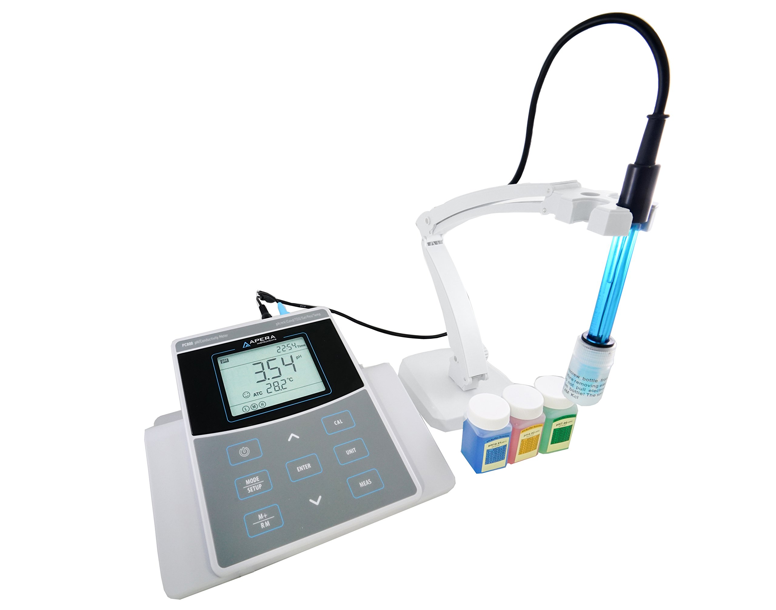 Apera Instruments PC800 Kit de medidor de pH/conductividad de banco (equipado con 201T-F 3 en 1 pH combinado/sonda y electrodo de conductividad BPB 2301T-F; gestión de datos GLP)